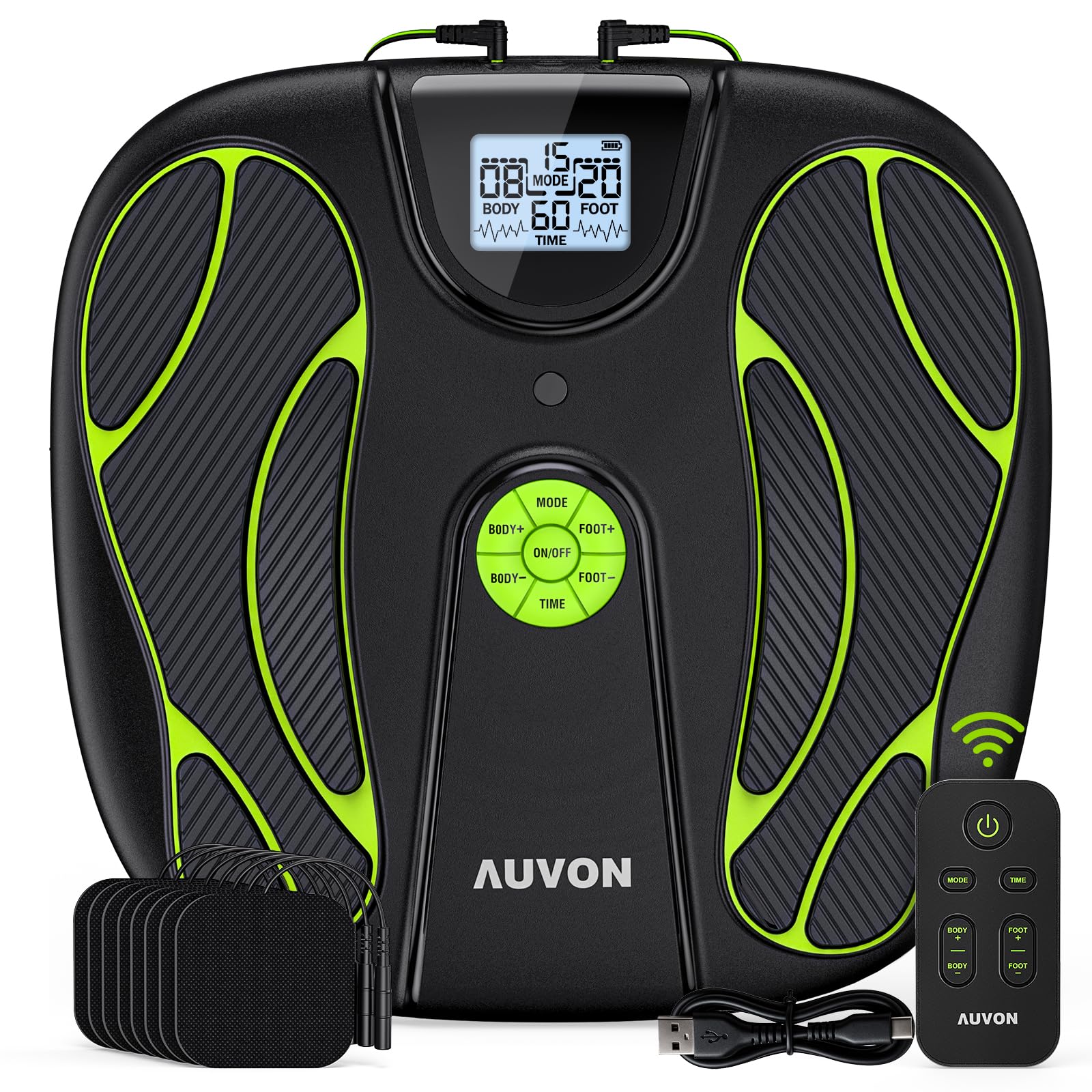 AUVON Fussmassagegerät & Durchblutungs-Stimulator für Fuß- & Beinschmerzen | TENS-Gerät mit 15 Modi & 50 Intensitätsstufen für medikamentenfreie Schmerzlinderung, EMS-Muskelstimulator mit 8 TENS-Pads
