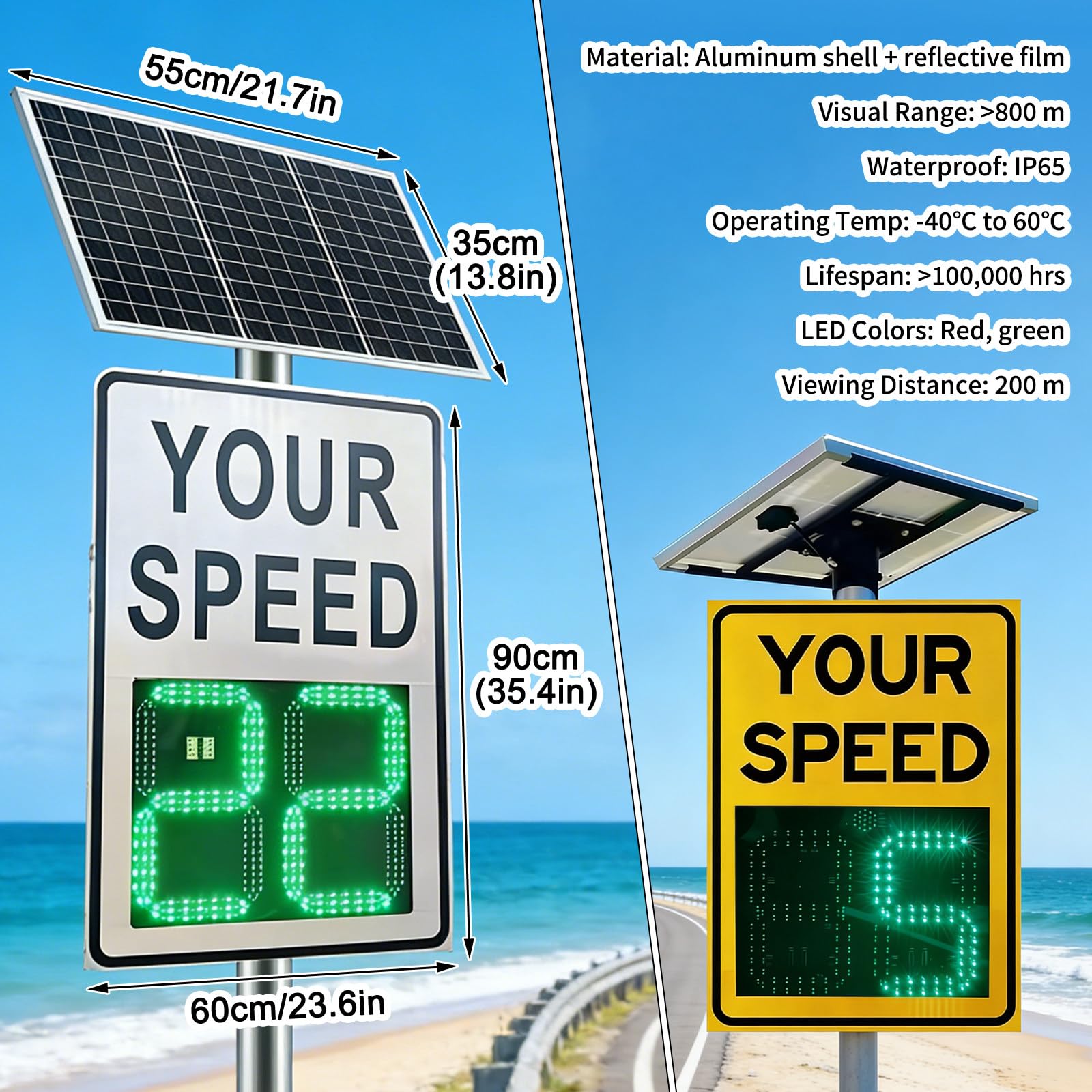 Señales de Radar de Velocidad solares 24"x36", señal de límite de Velocidad, 2 detectores de Pantalla Digital de Velocidad, Alerta roja de Exceso de Velocidad, Material de Aluminio White