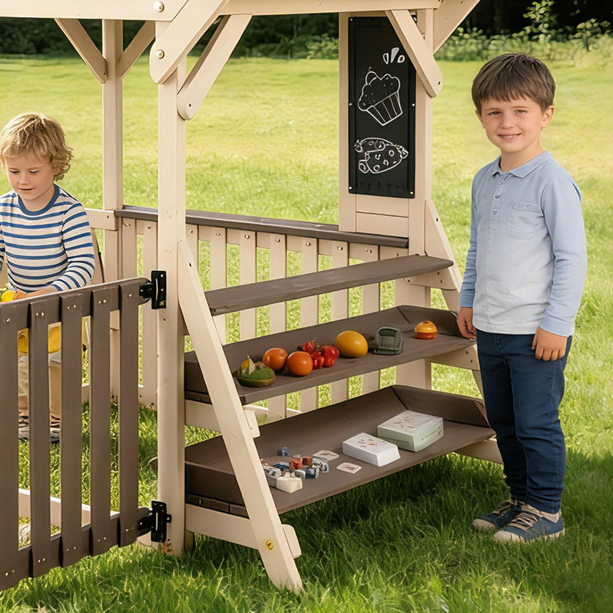 Set da cucina per esterni, a forma di casa, in legno con tetto antipioggia e ringhiera a mezza altezza, scaffale multiuso per piante e giocattoli, per bambini dai 3 anni in su, casa giochi