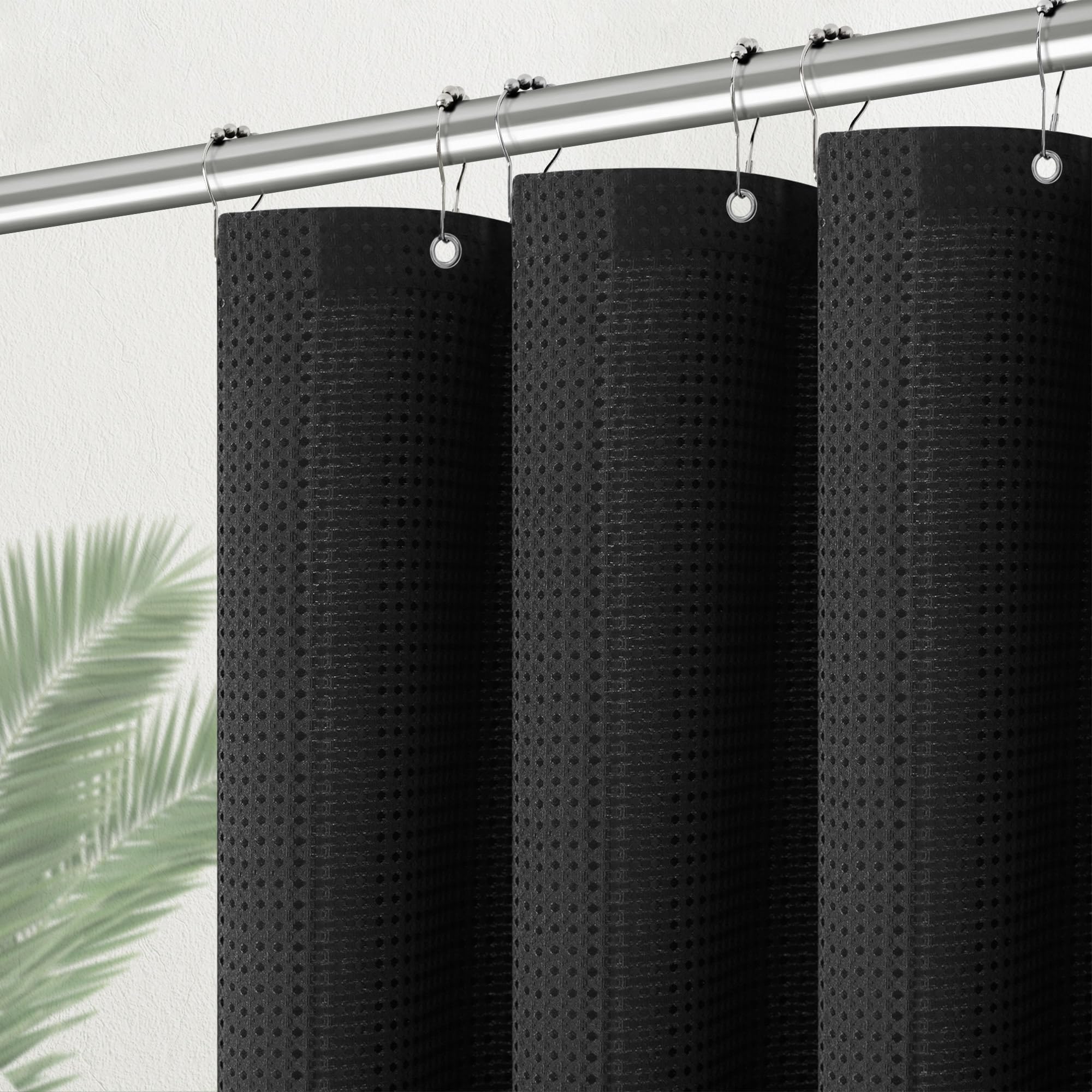 PANGSINNE Black Stall Fabric Shower Curtain - Water Repellent Waffle Textured 256GSM Heavy Duty Cloth Shower Curtains for Bath Tubs, Narrow Size Hotel