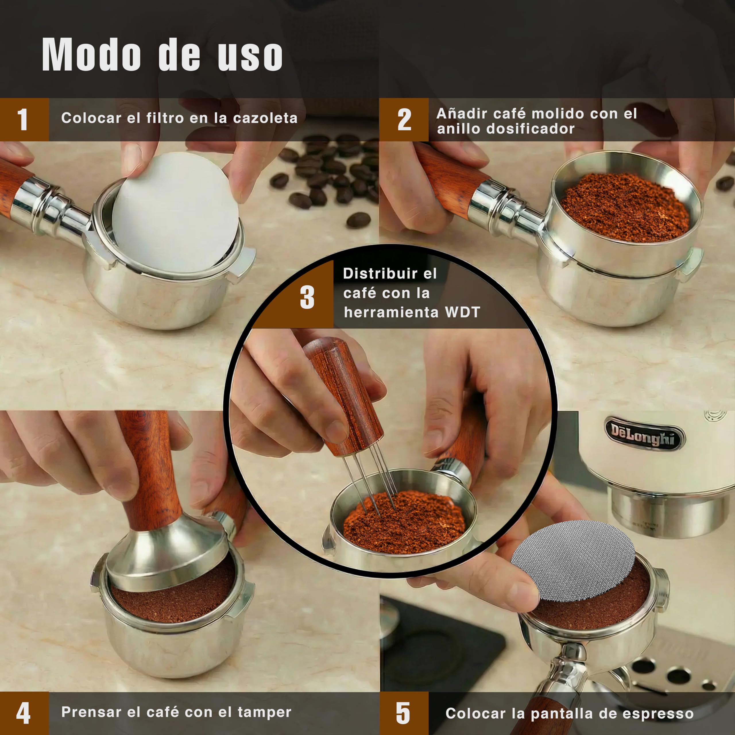 Portafiltro Sin Fondo 51mm para Espresso Preciso, Compatible con Portafiltro Delonghi Dedica, Incluye Kit Barista 51mm para una Preparación más Consistente, Madera Palosanto