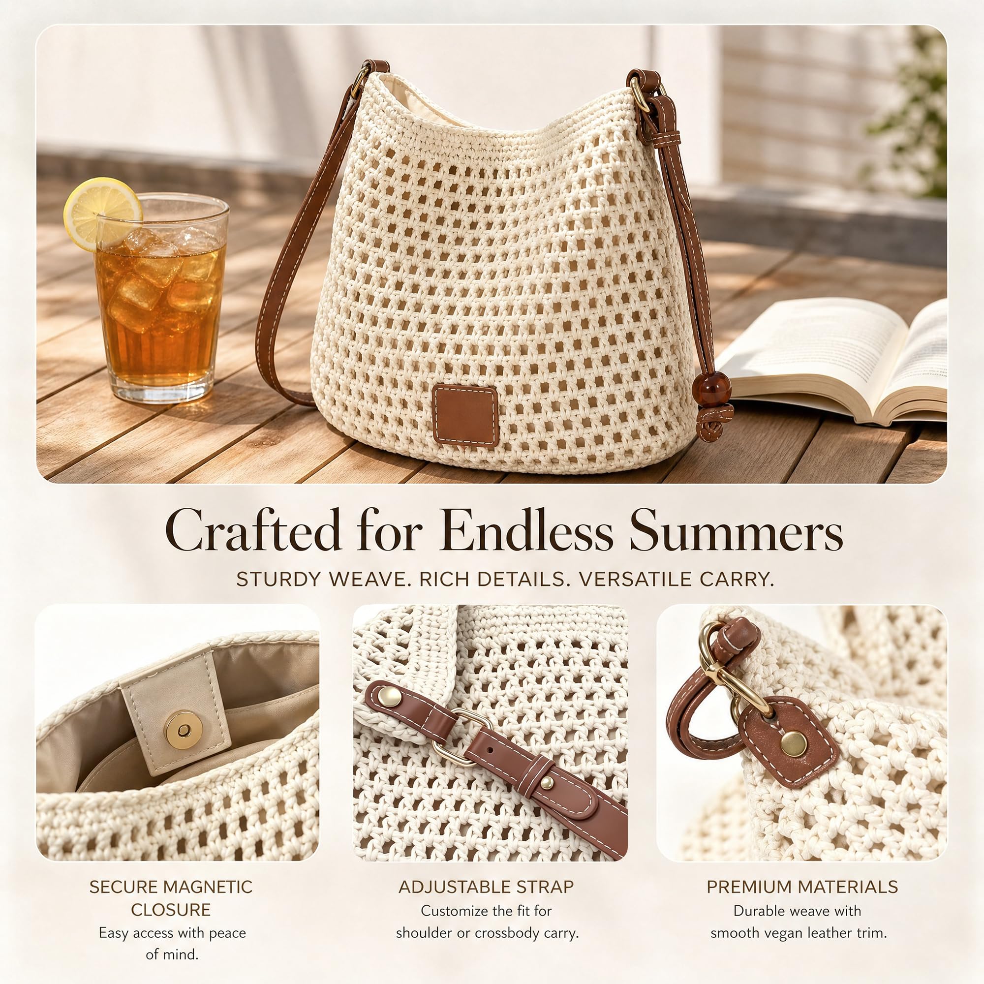 Sac fourre-tout en coton tissé main, Sac à bandoulière crochet été femme, Sac de plage bohème léger pour vacances, voyages, shopping et quotidien