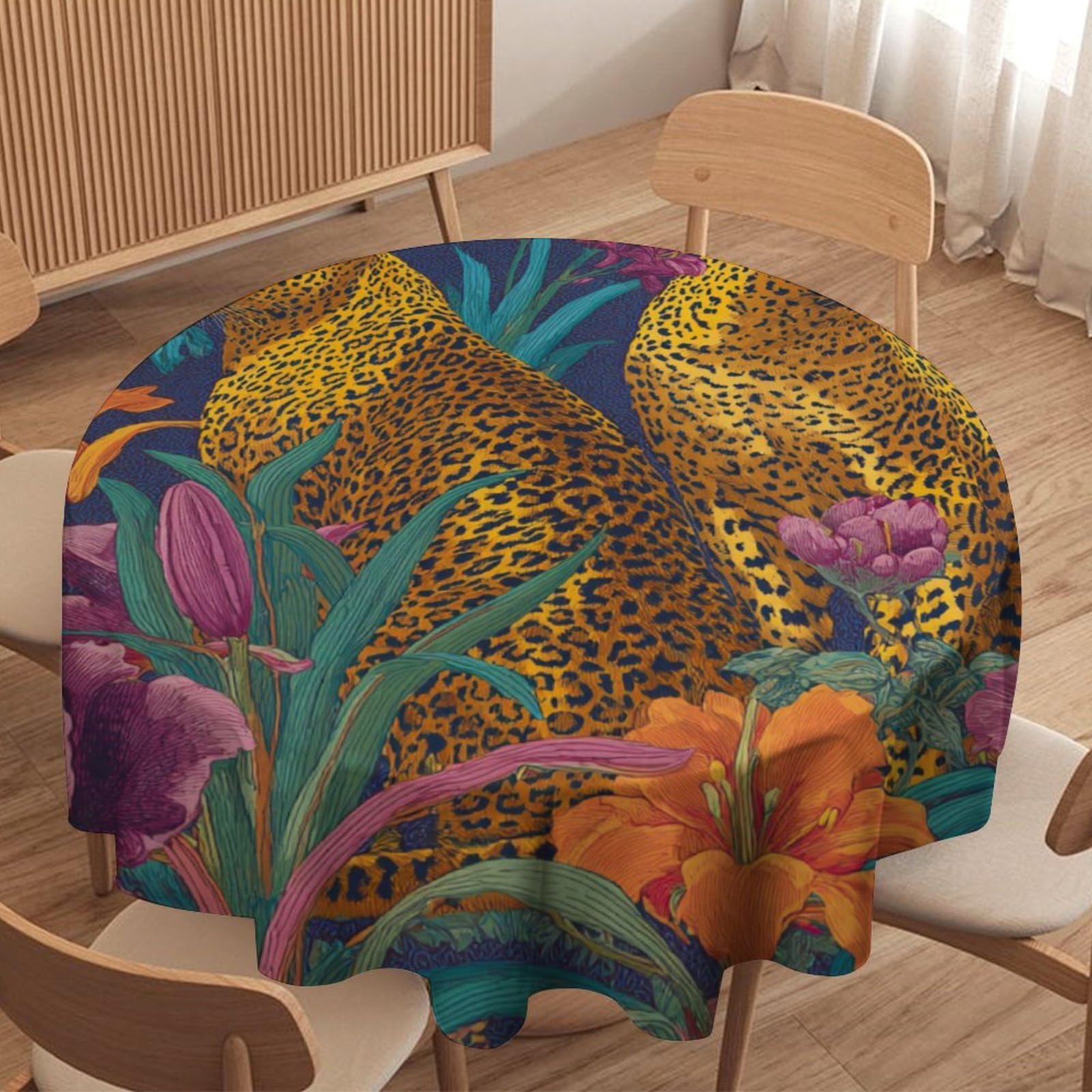 LUYYSKY Vintage Realistic Animals Leopard Round Tablecloth Modern Painting Art Plants Flowers Wildlife Leopard Print Washable Decor for Table Cover for Kitchen-127 Wx127 L cm