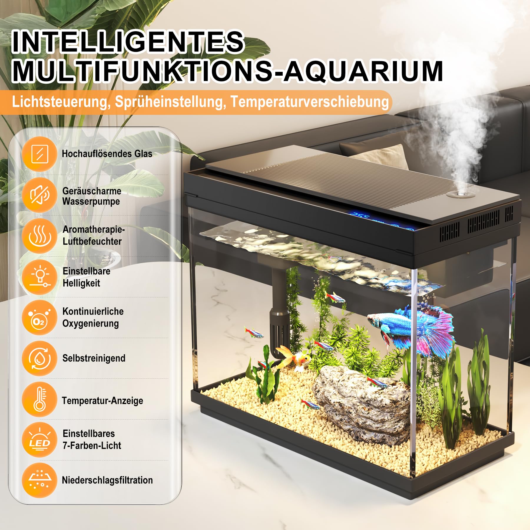 Vehipa Nano Aquarium 9L Klein mit intelligentem Luftbefeuchter, Temperaturanzeige, UHD-Glas, 7-Farben-Beleuchtung, 3-in-1 Leise Pumpe