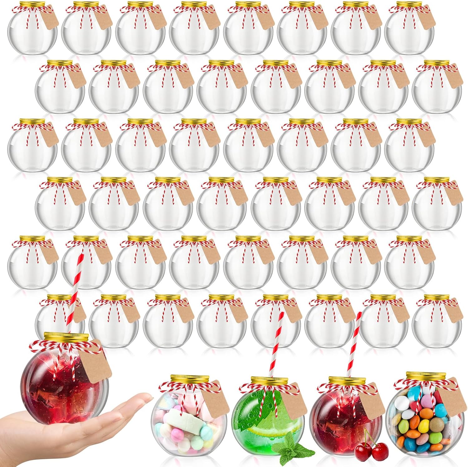 Yaomiao 48 Pcs 10 oz Christmas Ornament Cups for Drink Plastic Clear Fish Bowl with Lids and Straws Spherical Bulb Bottles Bulk for Holiday Cocktails Candy Gift Carnival Party Decorations