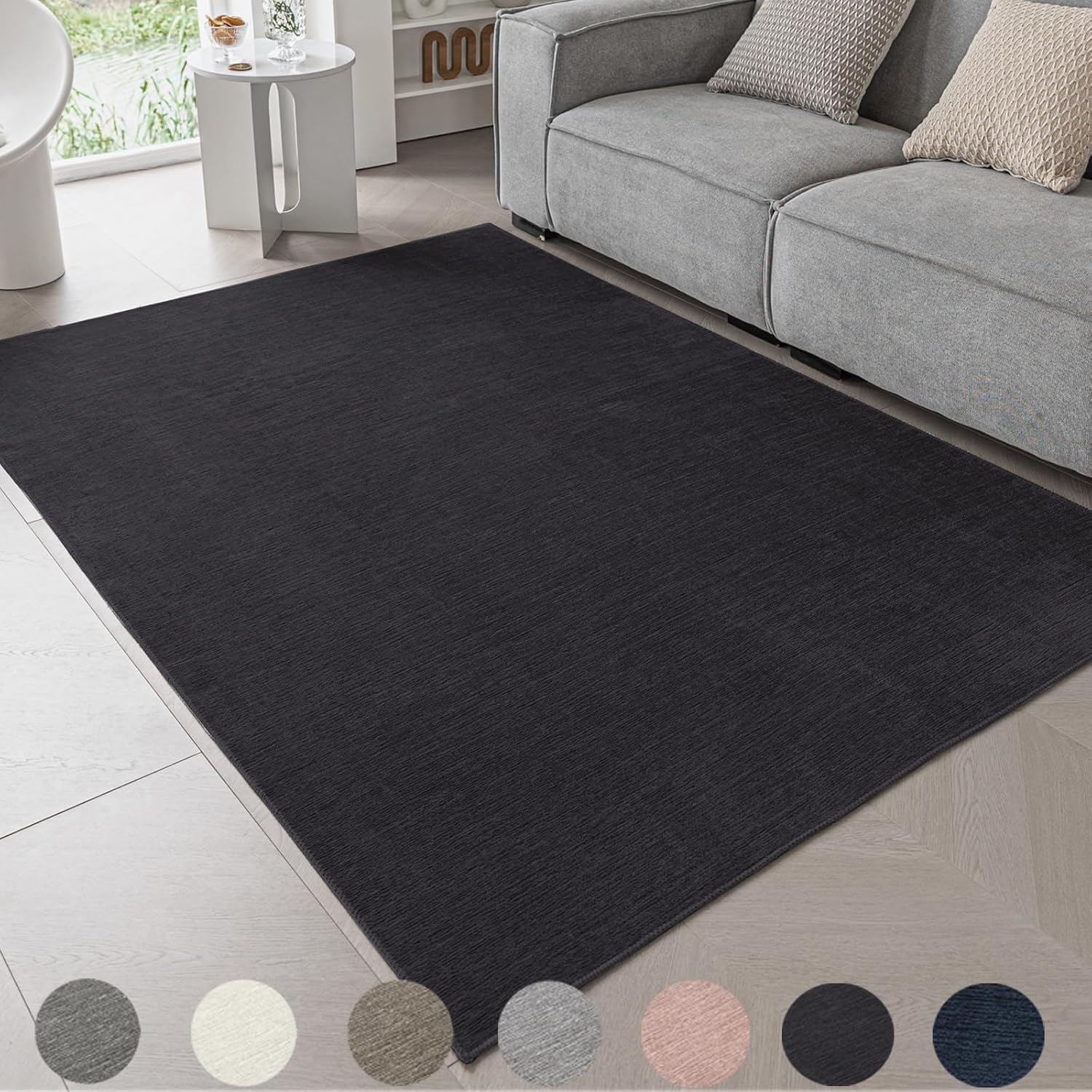 Ceneco Black Short Pile Rug, Non-Slip Washable Rugs for Bedroom Chenille Kids Room Mat