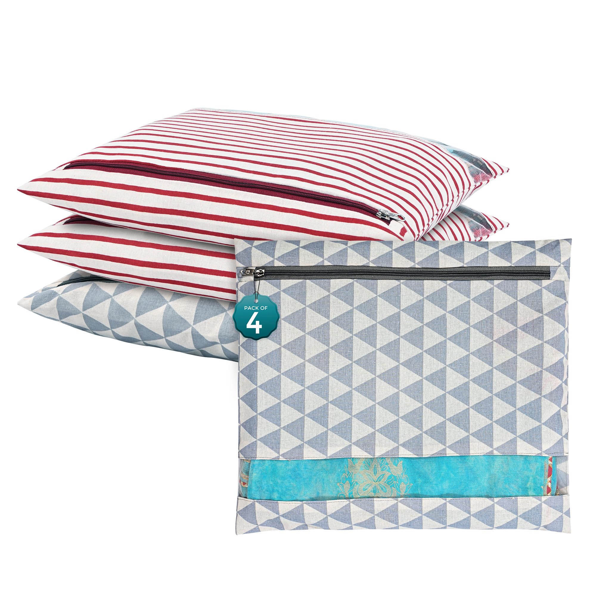 Kuber Industries 4 Pcs Mesh Window Cotton Single Saree Covers for Storage/Gifting | Saree Organiser for Wardrobe/Storage | Saree Bags with Zip | Printed - Grey & Maroon