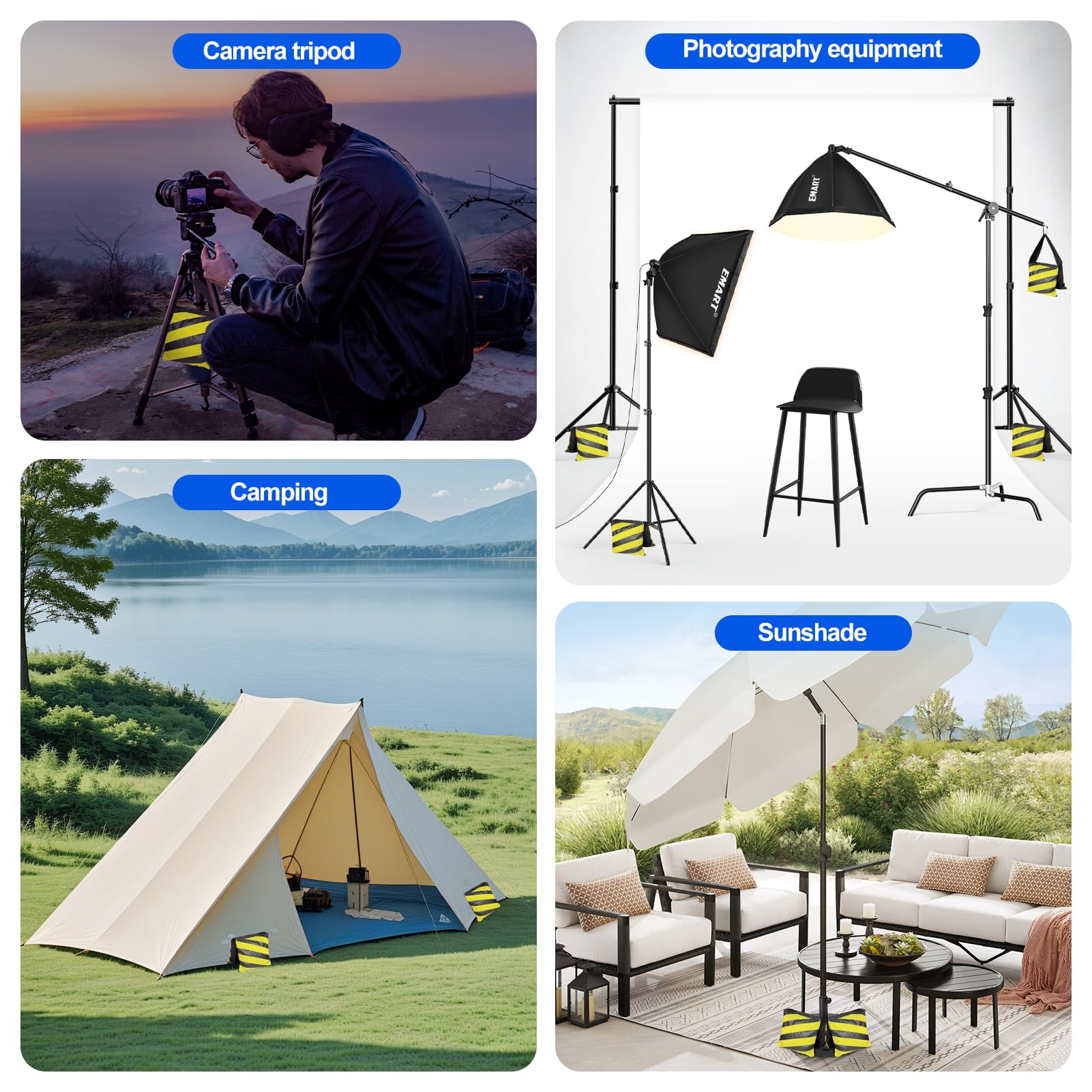 EMART 4 Pcs Borsa di Sabbia Resistente per Studio Fotografico e Video, Treppiedi, Giardino - Giallo e Nero