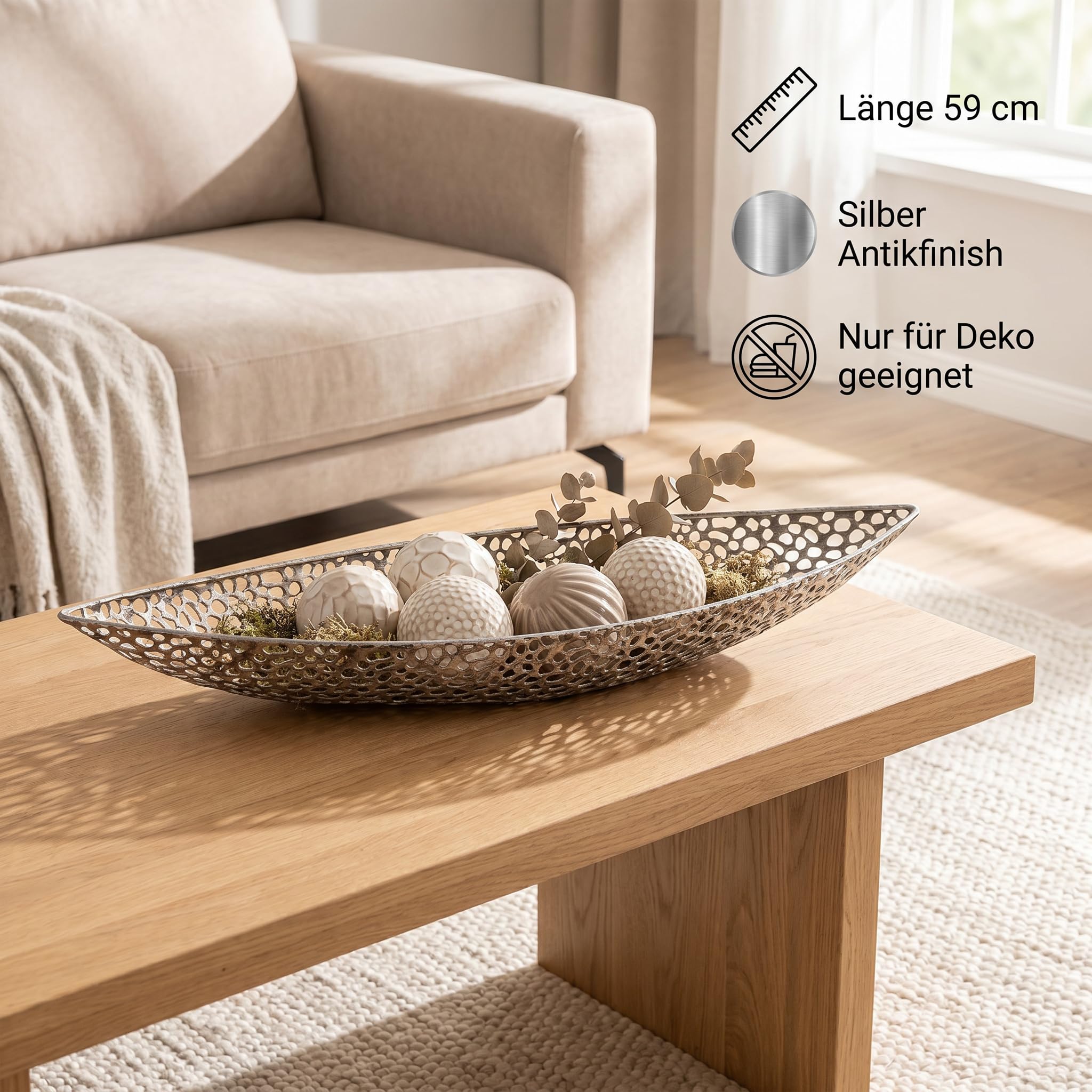 GILDE Schale Deko XL Chico - Metall Dekoschale Wohnzimmerdeko - Tischdeko Frühling Deko silber Schlüsselschale Schlüsselablage - Länge 59 cm
