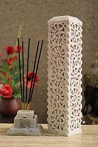 Carry Me Handmade Marble Soapstone Incense Stick Burner | Candle Stick Holder | Tea Light Burner - Perfect Floral Carving for Gifting. Decorative Home and Kitchen Decor (3 x 3 x 11 Inches)
