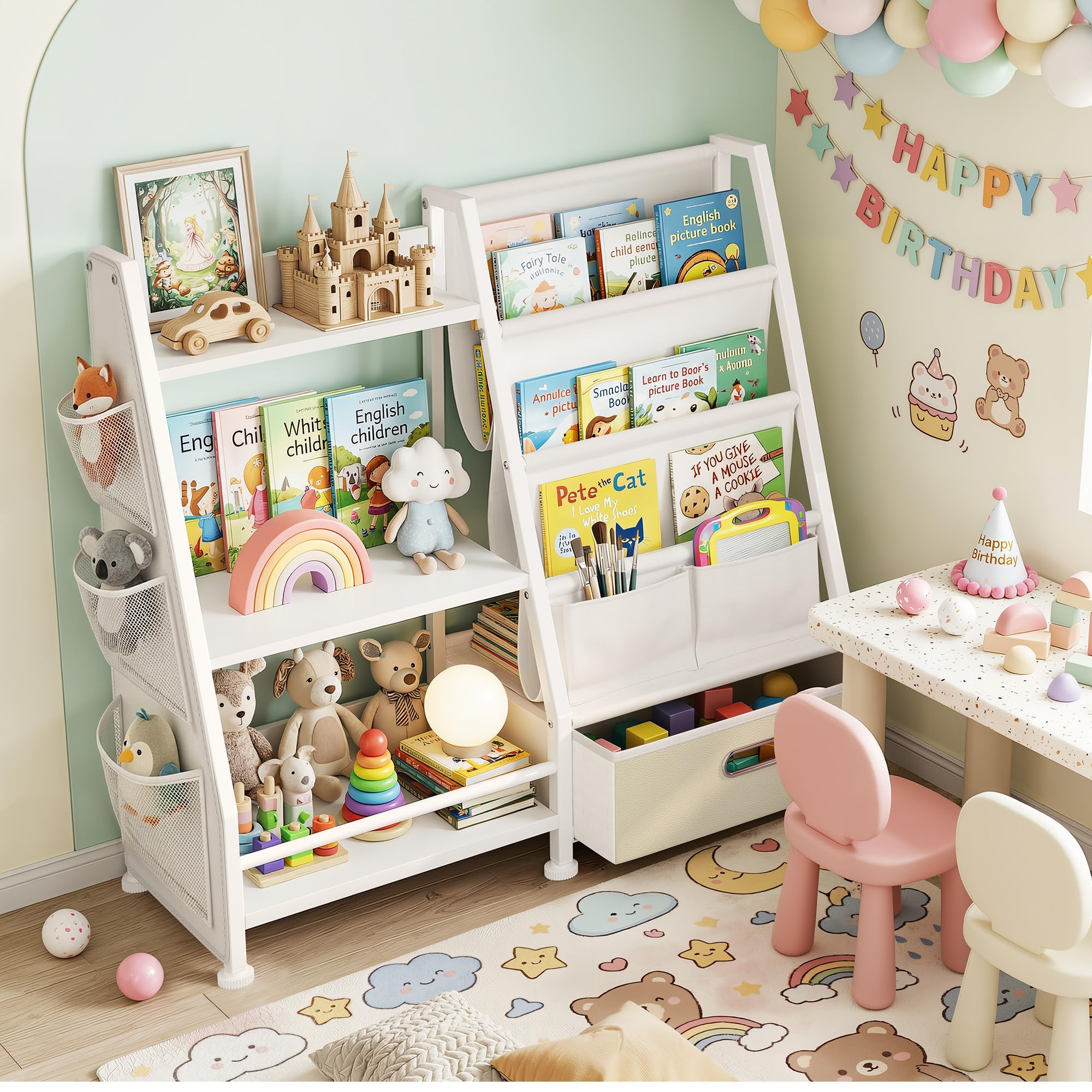 Kinderregal Kinderzimmer Weiß Offenen Aufbewahrungsregal: Kinder Bücherregal mit 3 Offenen Fächer - Spielzeug Regal mit 1 Aufbewahrungsboxen für Spielzimmer