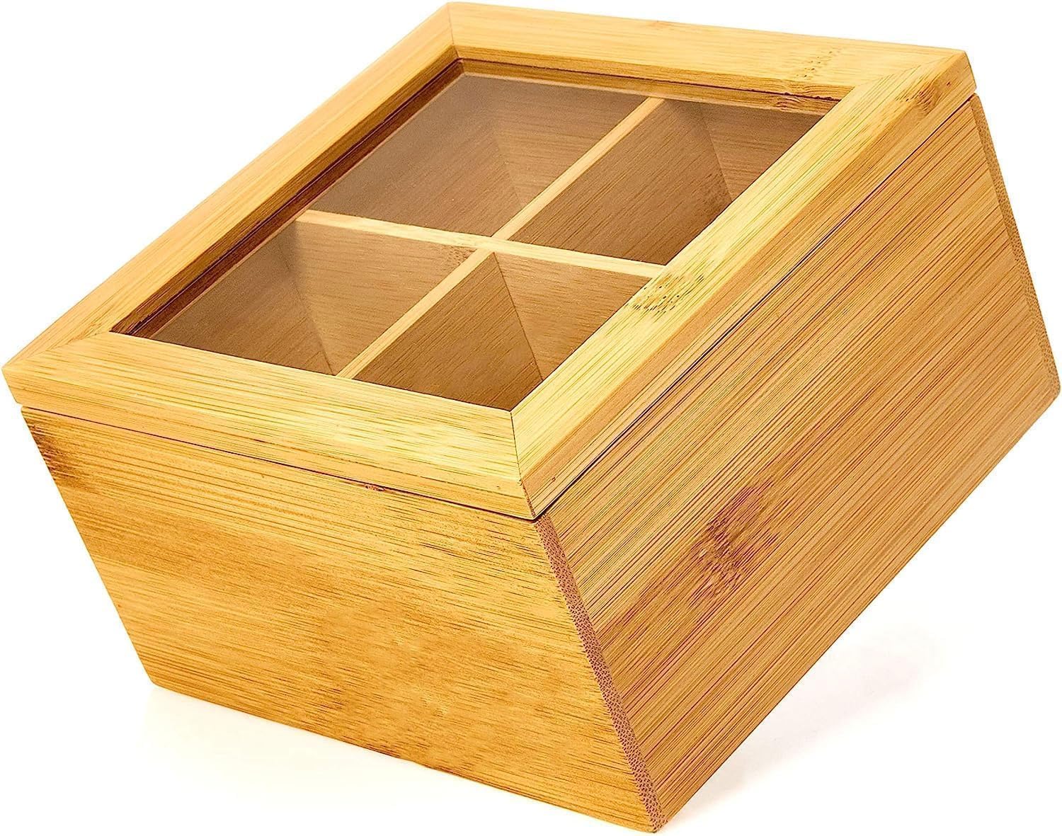 Bamboo Tea Box Storage Organizer | Bamboo Box with Transparent Lid | 4 Compartment Tea Storage for Office & Kitchen Countertop | Multipurpose Bamboo Organizer for Tea, Spices, Herbs, and Small Items