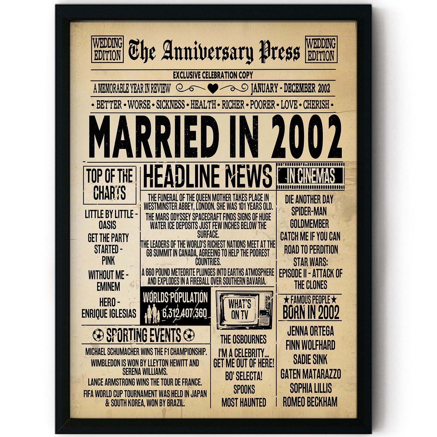 Stuff4 Men's 2002 24Th Anniversary Poster Framed - Married In Newspaper - 24 Wedding Anniversary For Wo Retro Vintage Gifts Back In 8X10 Inch Anniversaries Posters