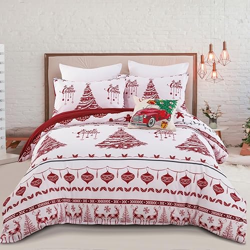 Miniatura 9 de Luxudecor Juego de funda de edredón de Navidad, tamaño Queen, 3 piezas, funda de edredón de Yuletide roja, árbol de Navidad, patrón de invierno,
