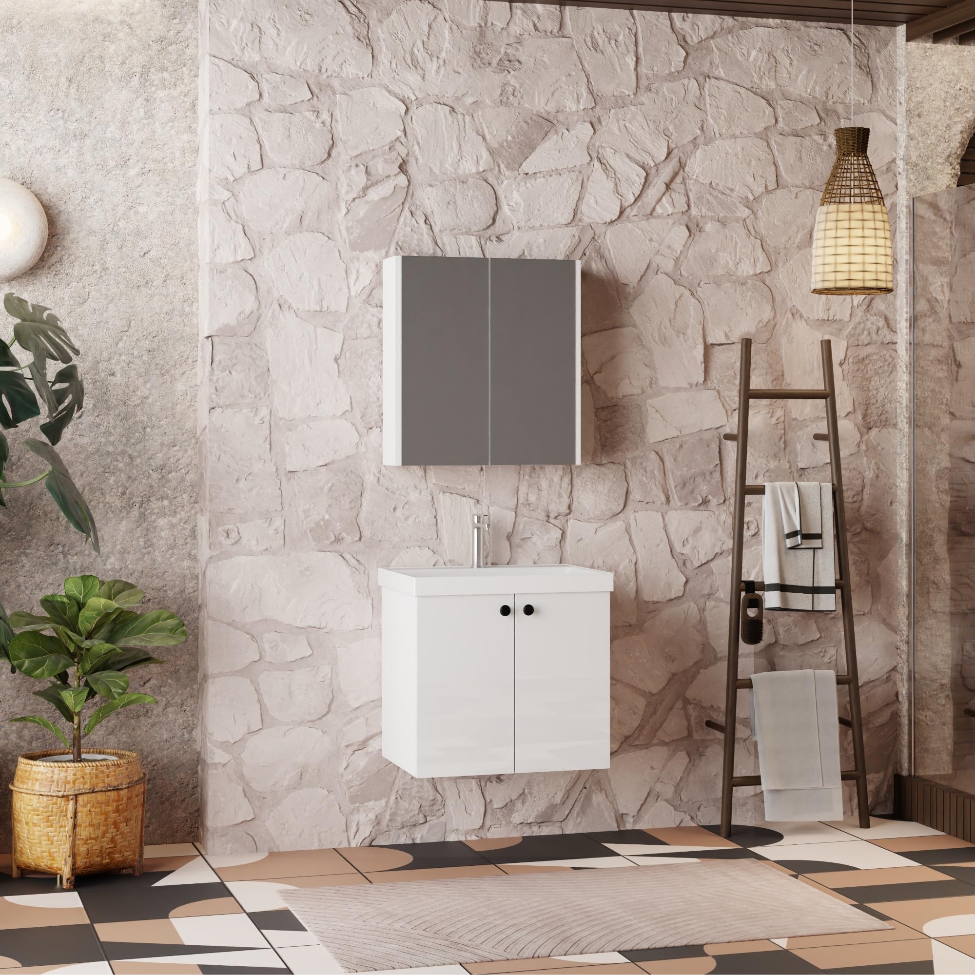Badmöbel Set Weiß | Badezimmermöbel 3 teilig | Waschtisch mit Unterschrank | Waschbecken | Spiegelschrank | Waschbeckenunterschrank | Badschränke | Komplettset (Mimoza 60)