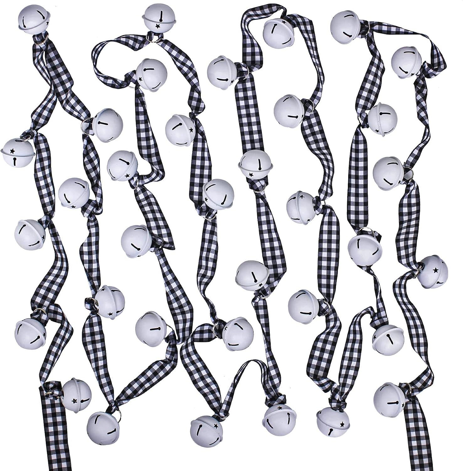 6 Yards Rustic Christmas White Sleigh Bell Garland Primitive Metal White Jingle Bells and Gingham Ribbon Hanging Garland for Vintage Farmhouse Christmas Tree Banister Mantel Winter Holiday Decoration
