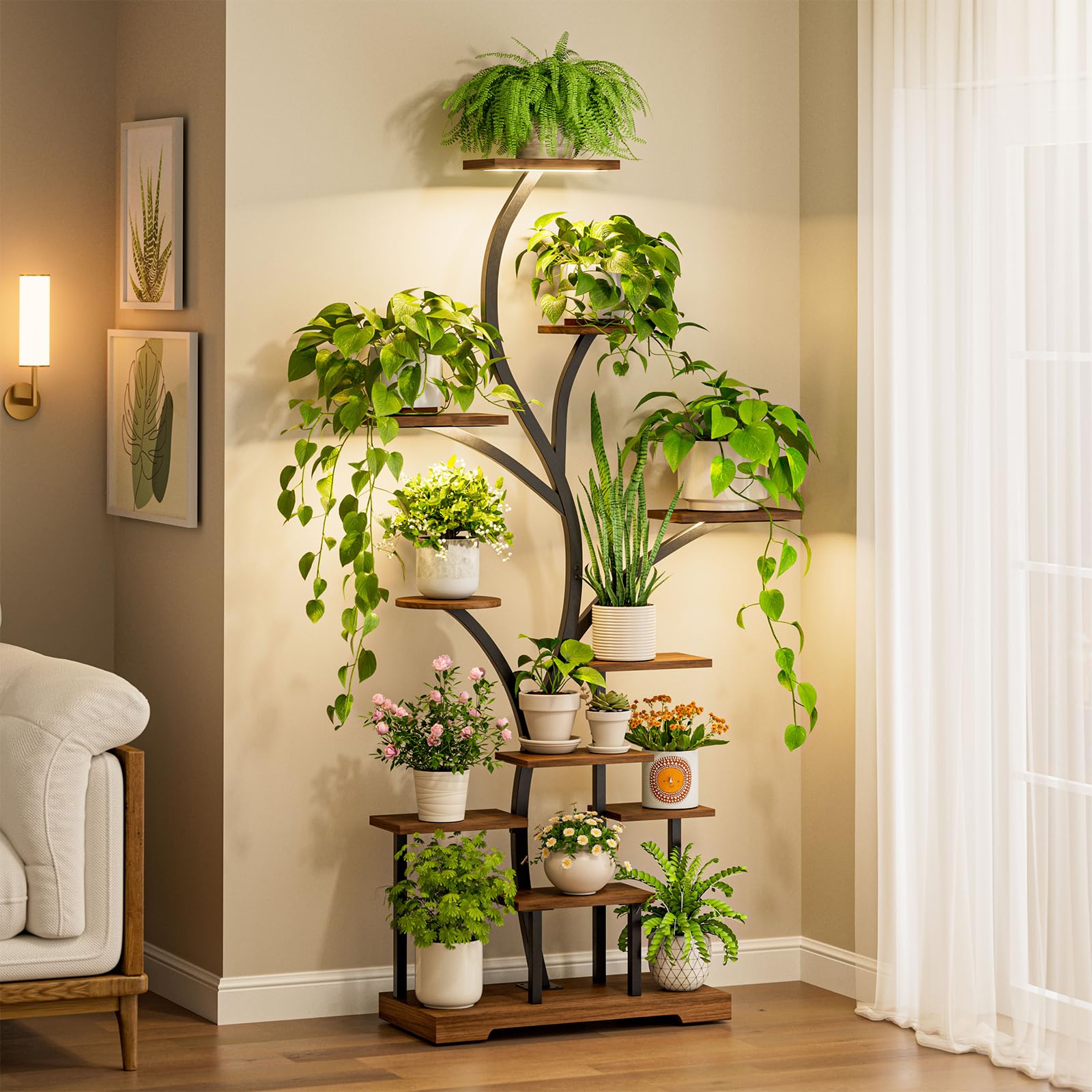 Étagère Plantes d’Intérieur à 11 Niveaux avec Lampes LED, Support Plantes en Métal 160 cm, Gain de Place pour 15–18 Pots, Coin Salon, Chambre, Balcon – Marron