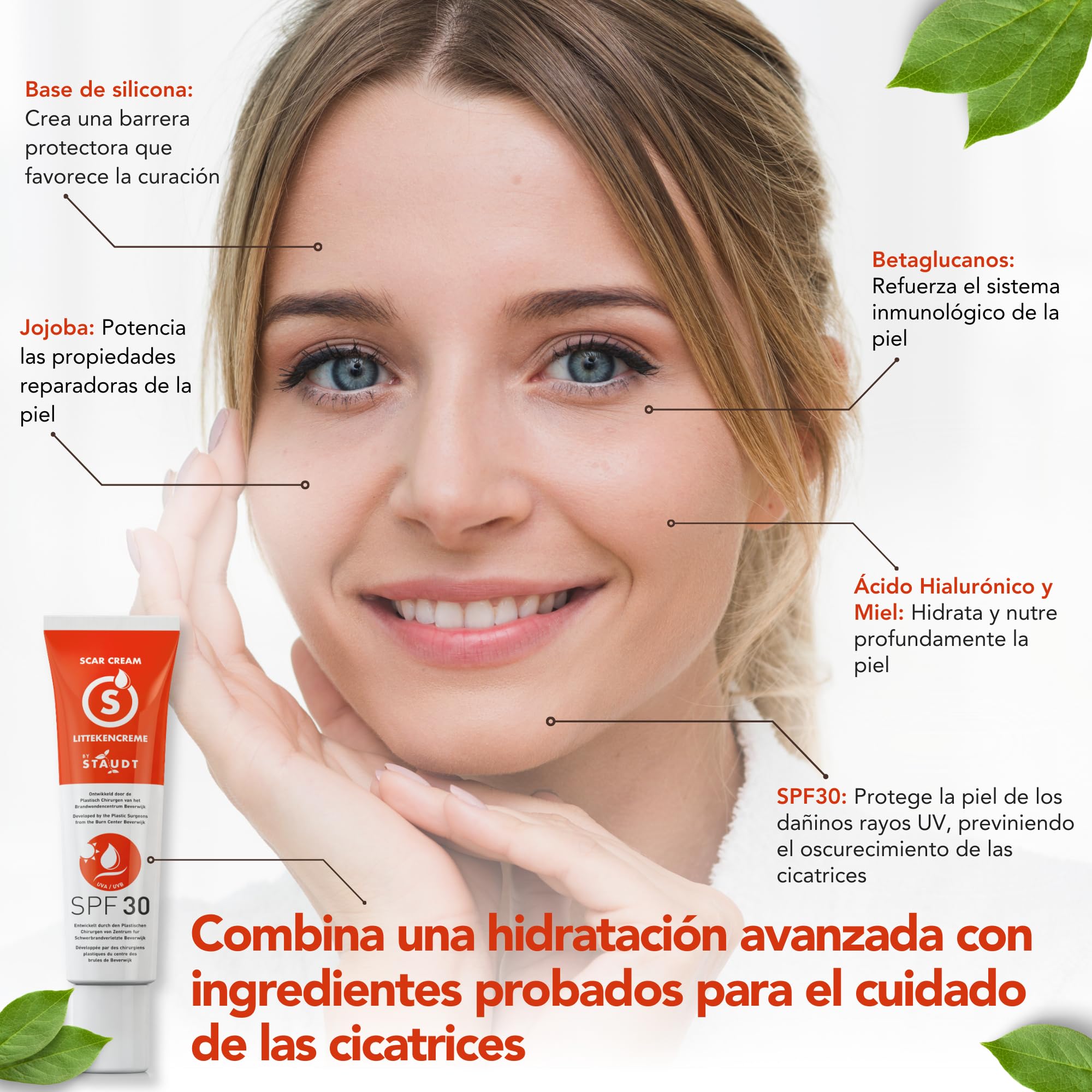 Crema Cicatrices Staudt Premium con SPF30 - Gel de Silicona para Cicatrices Quirúrgicas y Antiguas - Fórmula Hidratante con Miel y Jojoba - Reductor de Cicatrices con Protección UV - 40ml