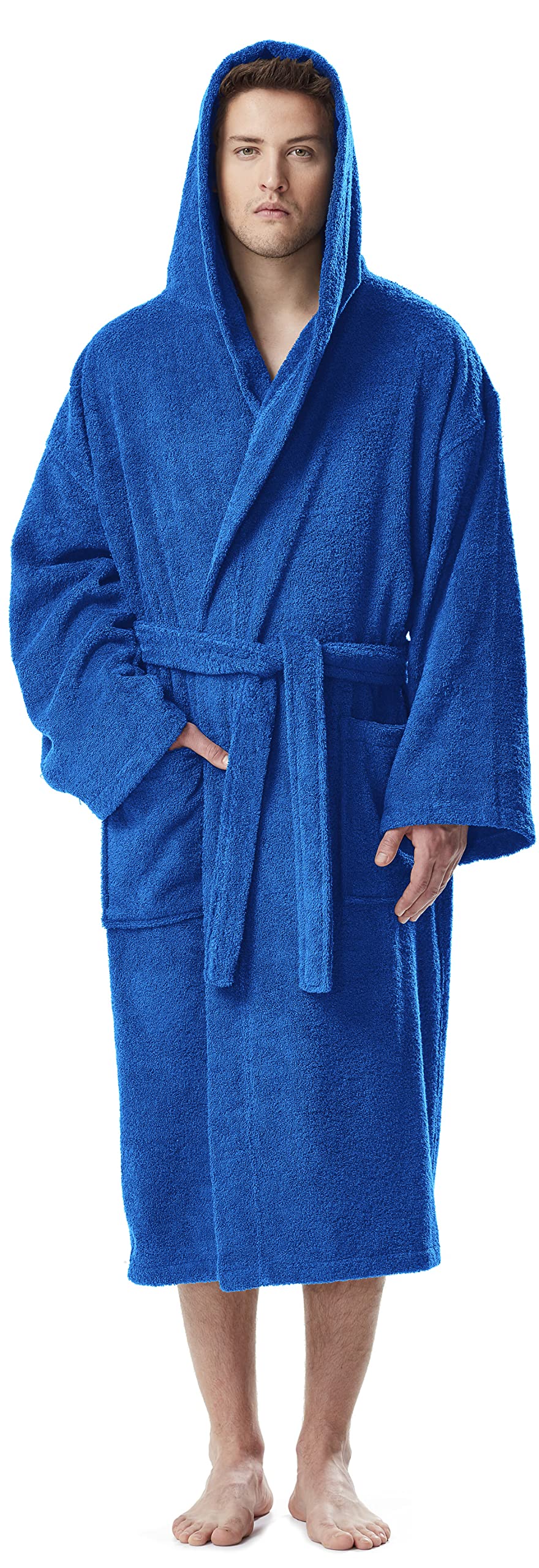 Arus Men's Royal Blue Bathrobe For Hooded, 100% Cotton Terry, Calf Length, Xxl-3Xl