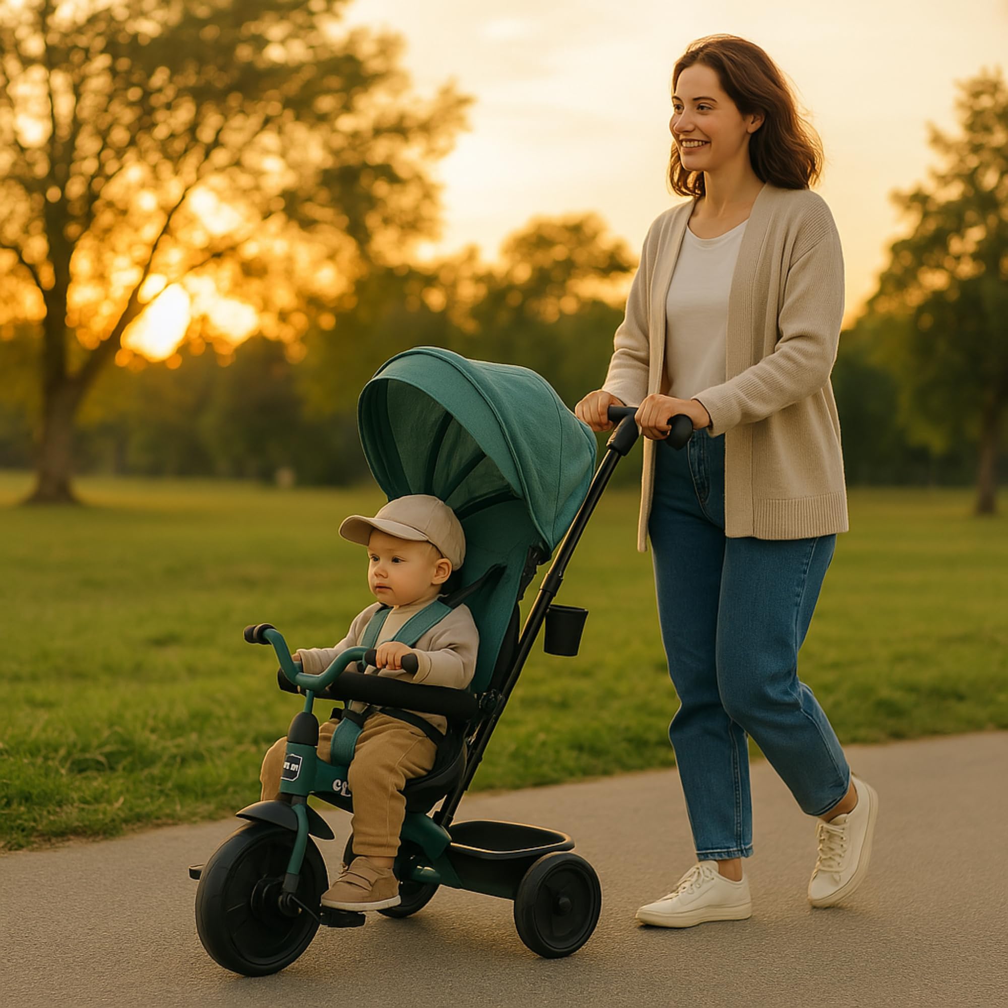 Qplay Triciclo Evolutivo Elite Platinum 6 en 1 con Asiento Giratorio 360° | Para Niños de 10 a 36 Meses – Control Parental, Capota XL, Reposapiés y Chasis Metálico – Colores Gris, Verde y Rosa (Verde)