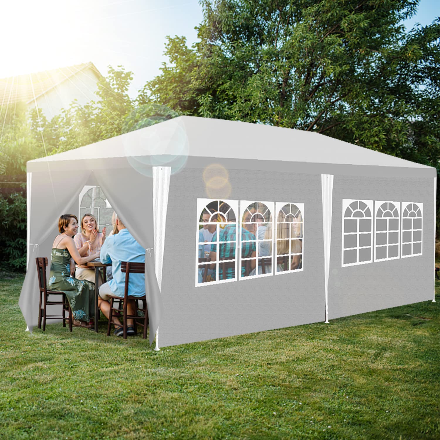 Gazebo da 3 x 6 m, tenda per feste impermeabile, tenda da giardino, 100 g/m², birreria, alta qualità, in PE, resistente ai raggi UV, con 6 pannelli laterali, bianco