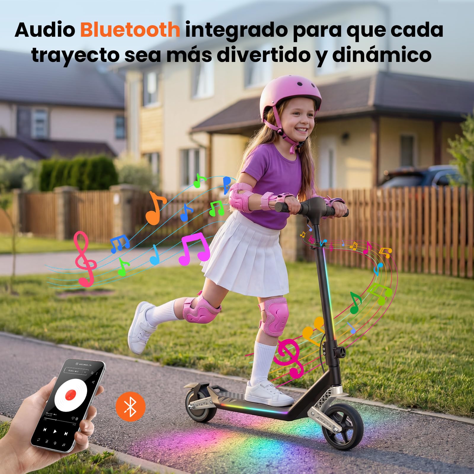 isinwheel Patinete Electrico Niño K6,6-12 Años,Ruedas Macizas 6.5",3 Velocidades5/10/16 km/h,Doble Suspensión Delantera y Trasera,3 Modos LED, Bluetooth,Plegable Ajustable,Carga Máxima 70 kg