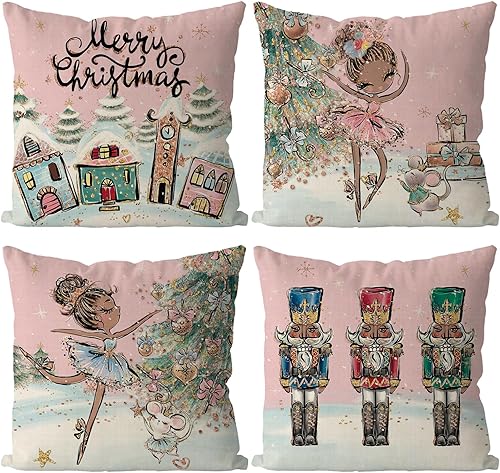 GAGEC Juego de 4 fundas de almohada navideñas de 16 x 16 pulgadas, color rosa, cascanueces, fundas de almohada vintage de Navidad, invierno,