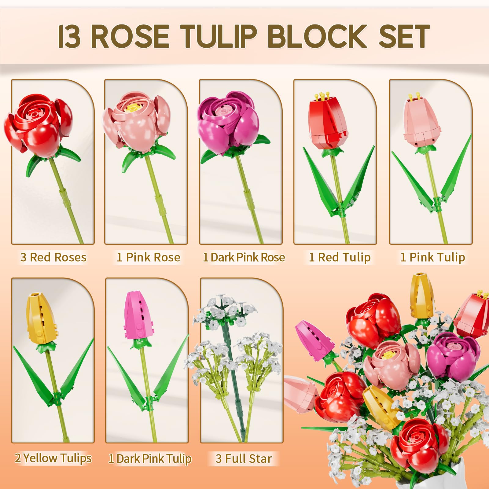 Byuert Building Blocks Flowers Bouquet Kit, 680PCS Roses/Tulips Artificial Flowers Set, Mother’s Day - Image 3