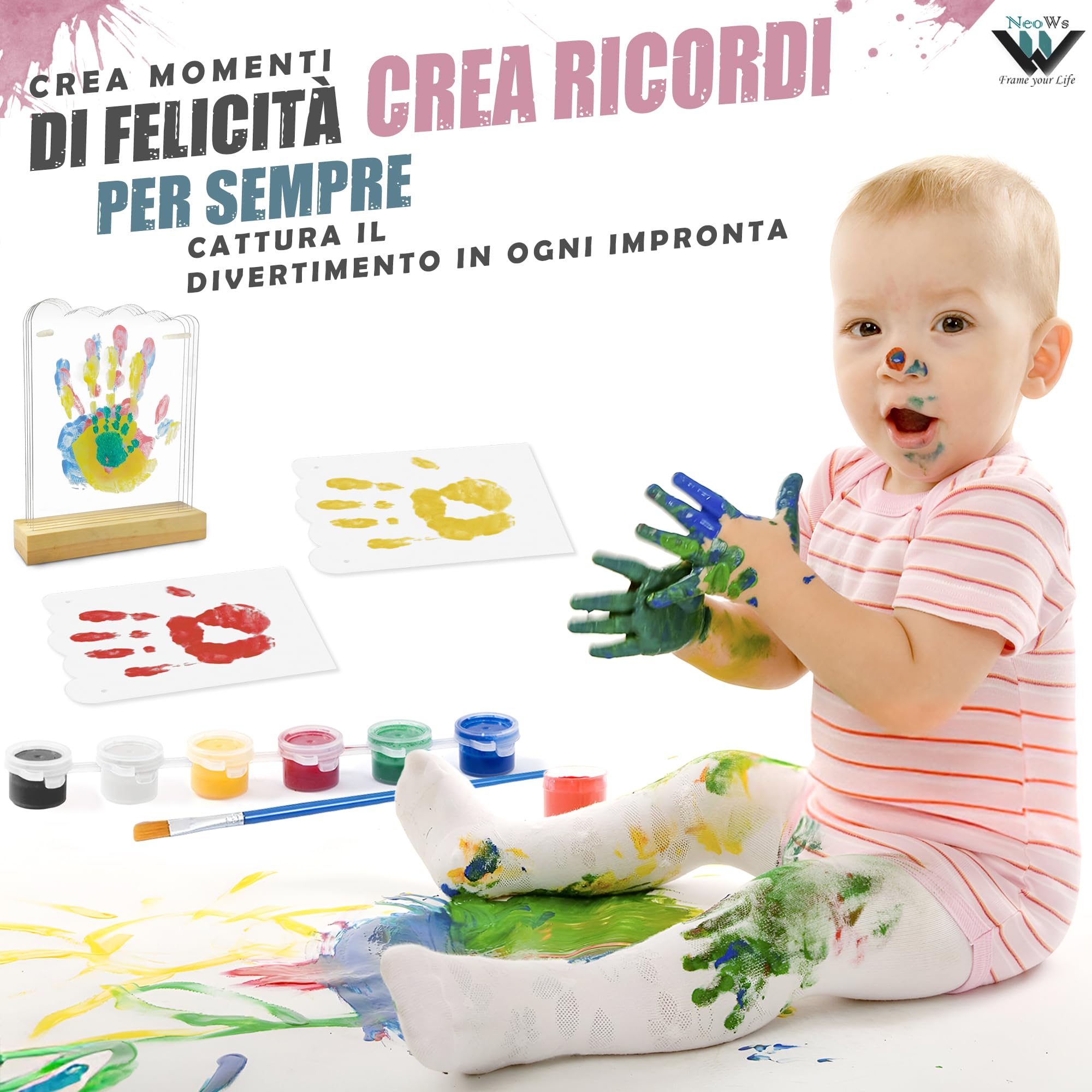 Kit impronte Mani Famiglia Con Base in Legno e Foglie a Forma di Nuvola per 4 Persone, Cornice Personalizzata per Dipingere le Mani del Bambino e Genitori Idee Regalo Originali Ricordi per Nonni