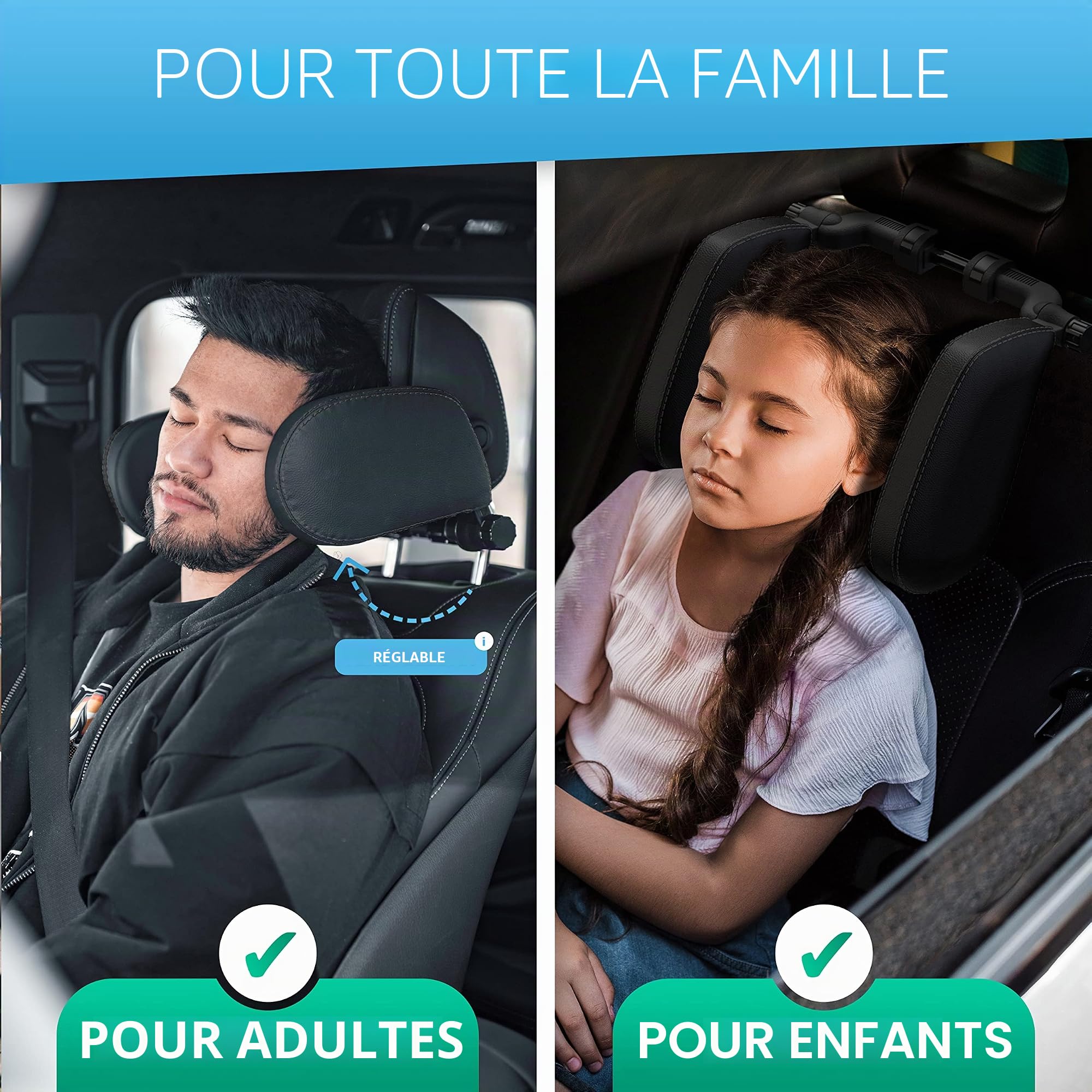 FLIPLINE Repose Tete Voiture Coutures Noir - Cale Tete Enfant Voiture - Sensation de voyage confortable pour Enfants et Adultes - Installation facile sans tournevis - Réglable Appuie Tete Voiture