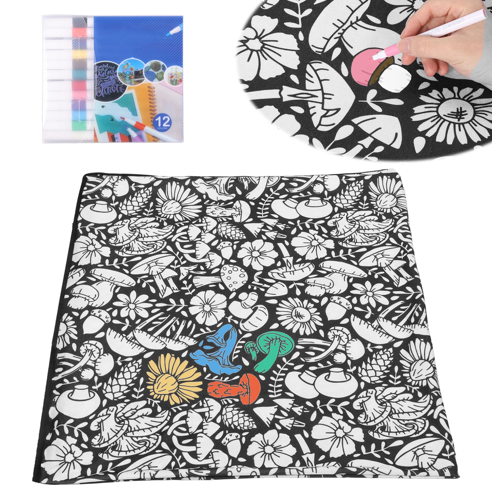 Cbwerbb Black And White Mushrooms Diy Colouring Blanket For Adults With 12 Markers,49X61inch Creative Art Custom Dyed Fabric Blanket,Color Your Own Blankets,Washable Fabric For Re-Coloring,Personalized Soft Drawing Throw Home Décor