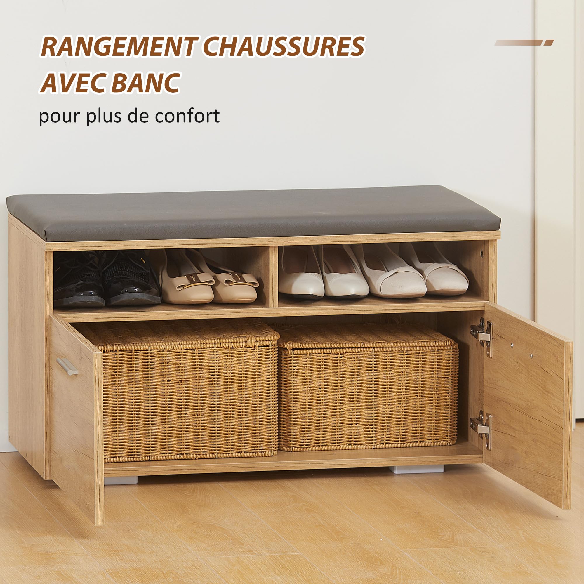 HOMCOM Ensemble de Meuble d'entrée vestiaire d'entrée 3 en 1 | 1 Porte-Manteau avec Étagère, 1 Miroir avec Étagère, 1 Banc à Chaussures avec Coussin en Polyuréthane