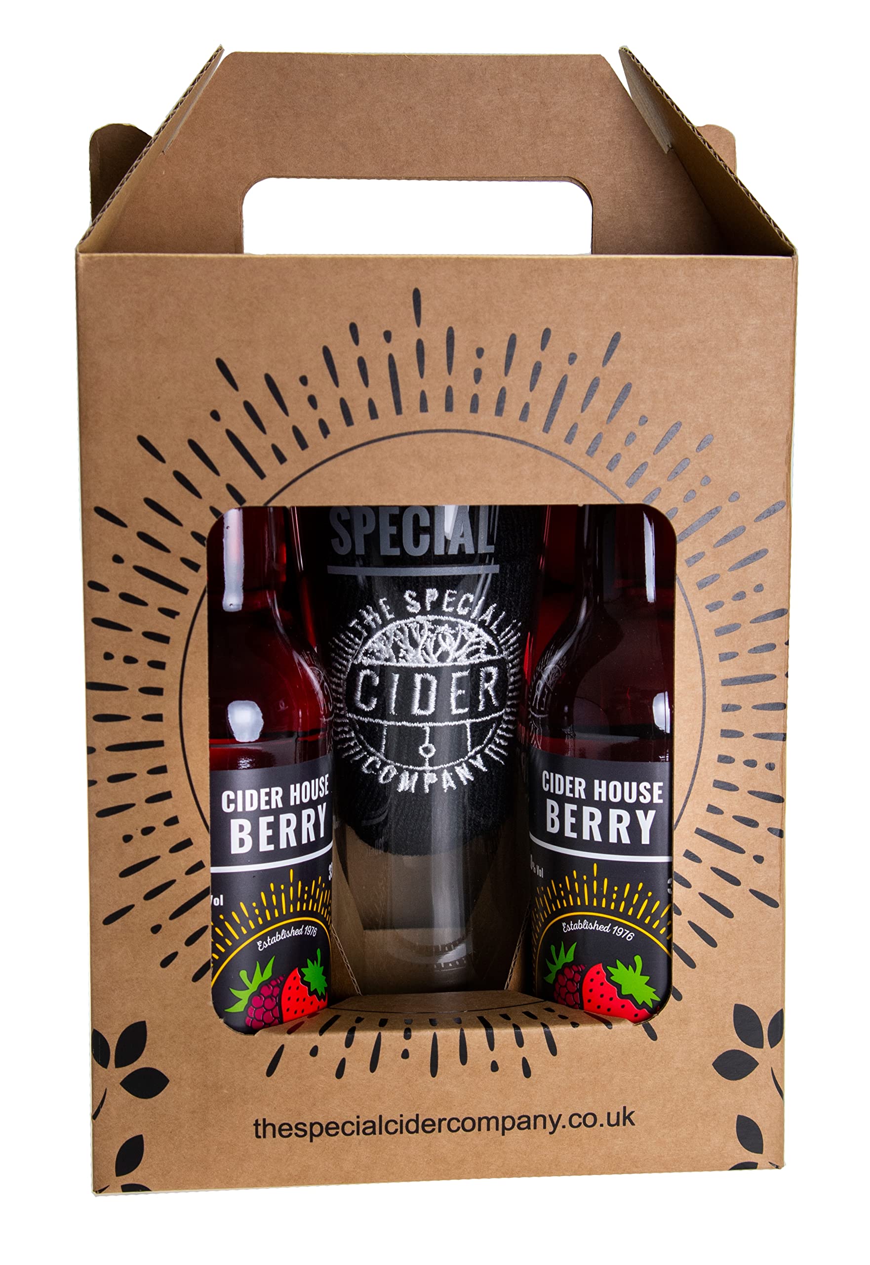 Gift Box of Cider House Berry, Sparkling, Premium Craft Cider, Medium Flavour, Made with Berries |330 ml x 4 Bottles with a Pint Glass and Beanie Hat by The Special Cider Company