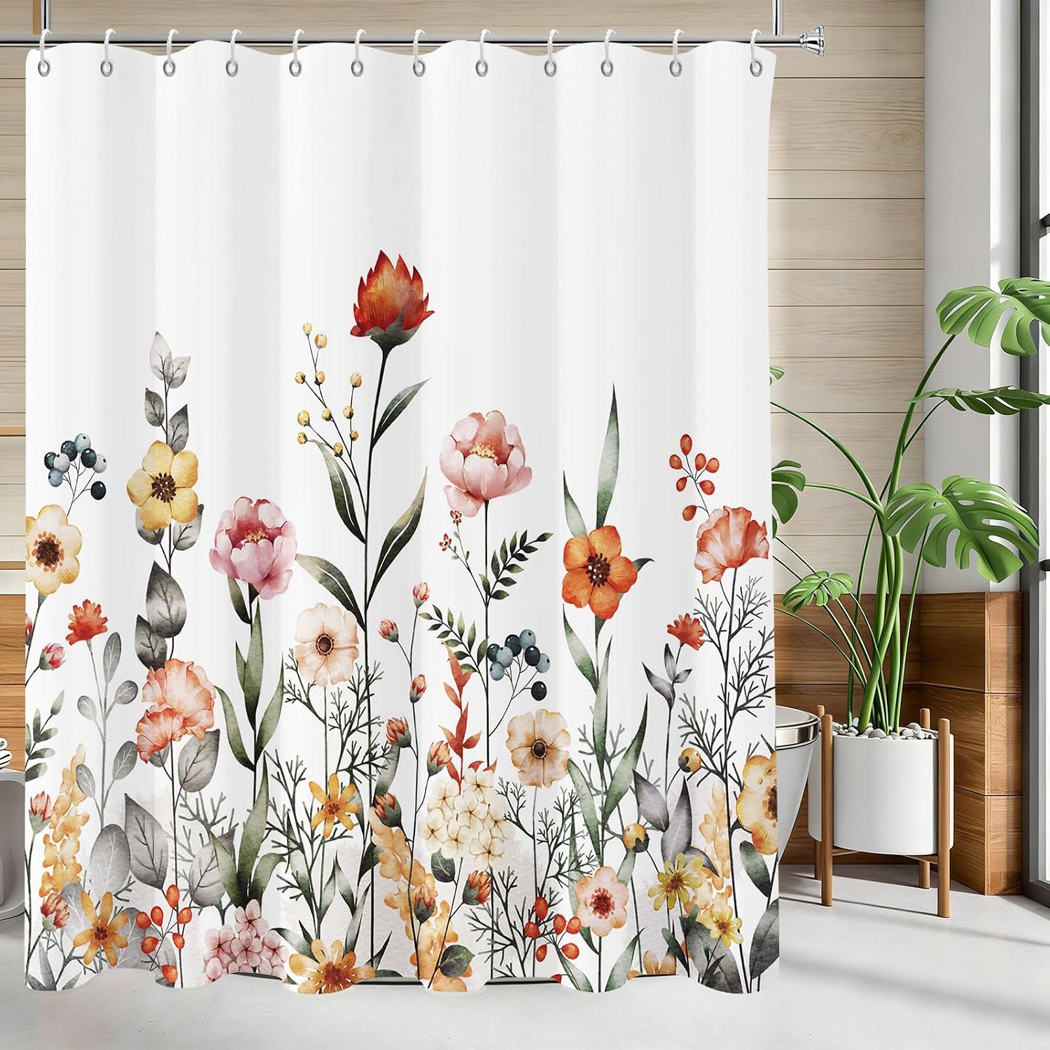Floral Shower Curtain Flower Shower Curtains for Bathroom-Aesthetic Pink Red Leaf Floral Shower Curtain Sets-Fabric Watercolor Flowers Leaves Cloth Bathroom Bathtub Shower Curtains 72"x72" with Hooks