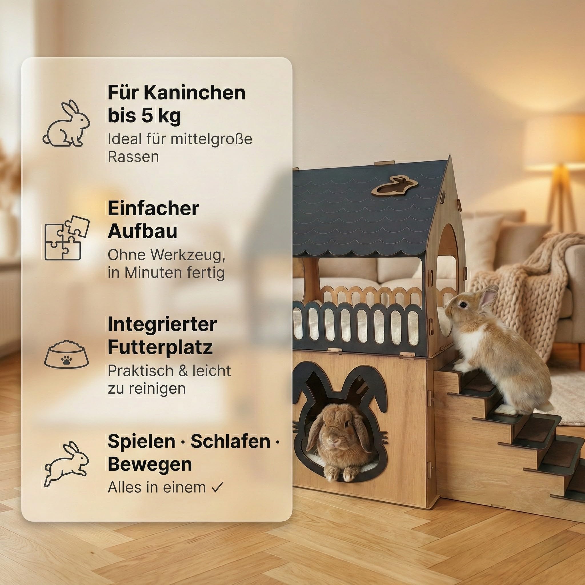 Indoor Kaninchenhaus XL Holz zweistöckig | Spielhaus mit Rampe & Futterbox | 68x66x35 cm Natur Anthrazit