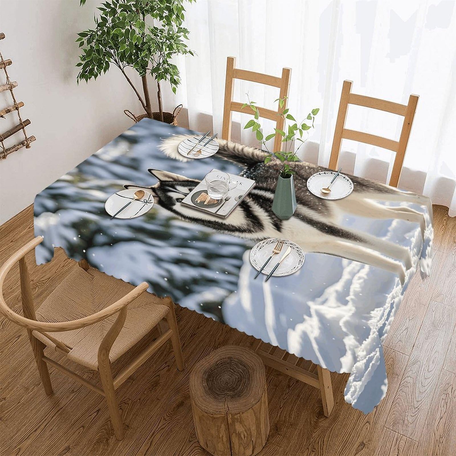 LZQPOEAS Husky in Snow Dog Tablecloth Rectangle Table Cloth Decorative Fabric Table Cover Waterproof Seasonal Table Cover Wrinkle Resistant Washable Table Cloth for Party Picnic Dinner Decor 60"x86"