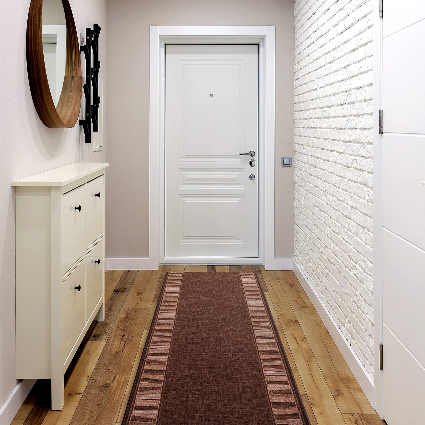 rugsx Antirutsch Teppichläufer Linea - moderner Kurzflor für Küche, Flur & Wohnzimmer, Meterware, braun 67x450 cm