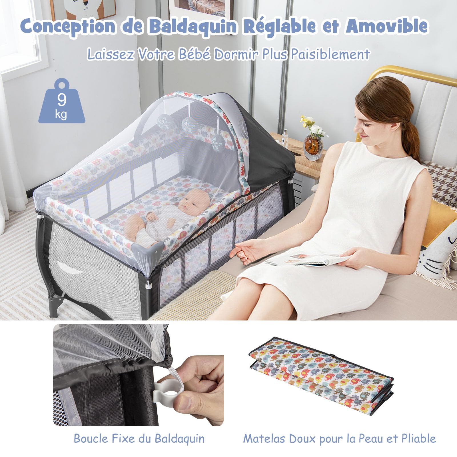 COSTWAY 5 en 1 Lit Parapluie Bébé avec Matelas & Moustiquaire, Lit Bébé Evolutif avec Table à Langer, 3 Jouets Mignons & Boîte à Musique, Sac de Transport, Charge 9kg pour 0-36 Mois
