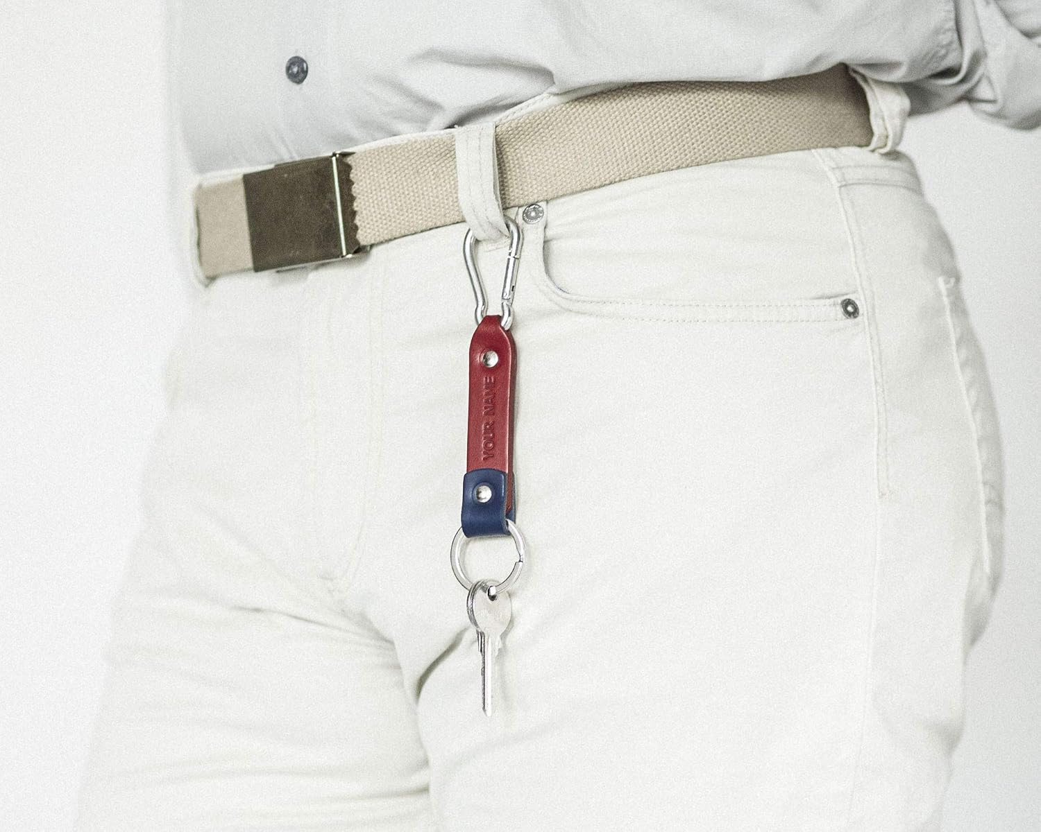 Red, blue leather key chain, stainless steel carabiner hook, custom text, initials ring, monogrammed keychain, boyfriend fob holder clip keyring engraved personalized groomsmen gift