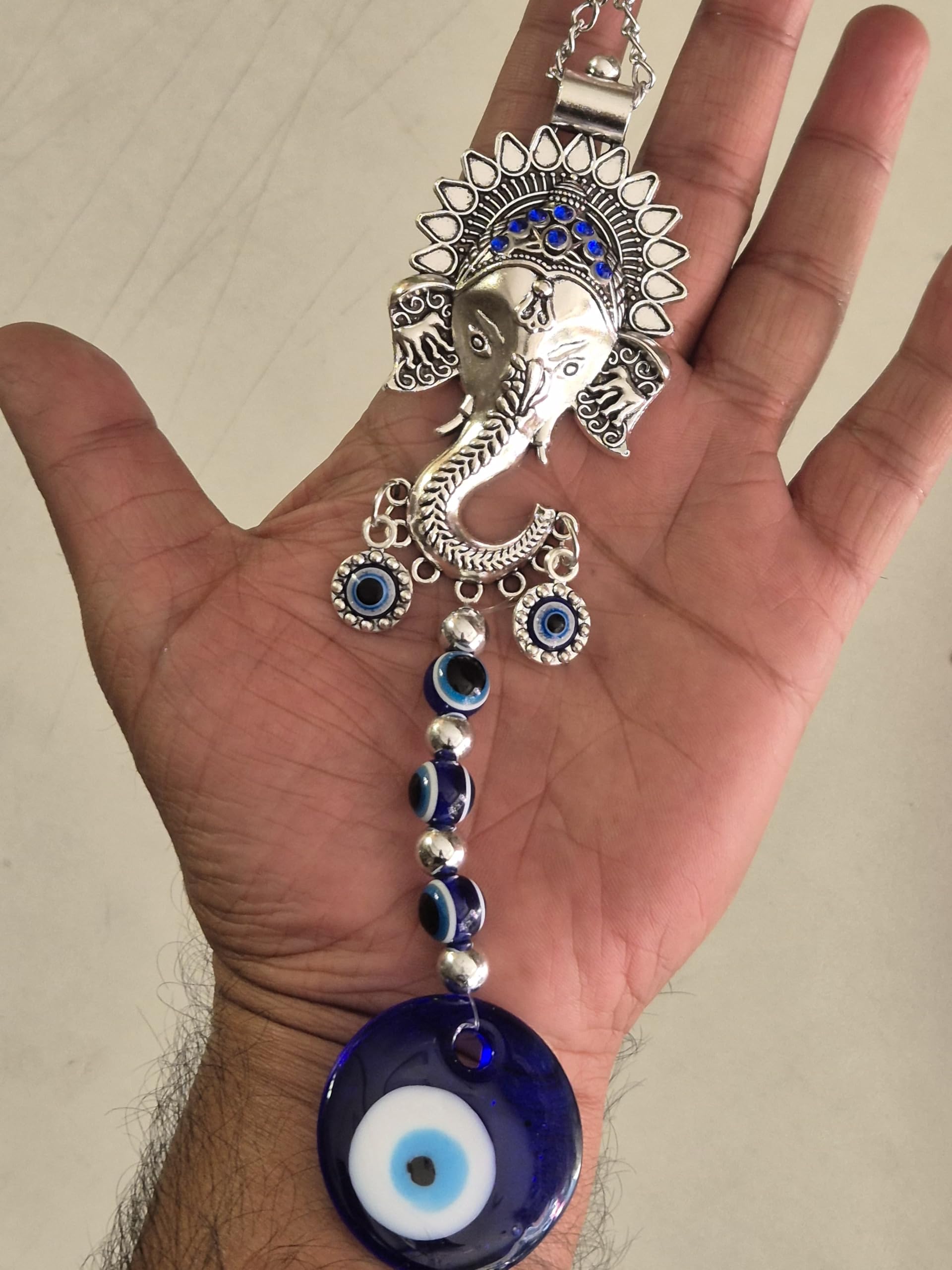 DT DECTONE Metal And Evil Eye Stones Handcrafted Om Ganesha Face Evil Eye Hanging for Home Entrance Door Decoration,Nazar Battu for Home Protection,Good Luck Charm and Prosperity at Office ,Blue 2