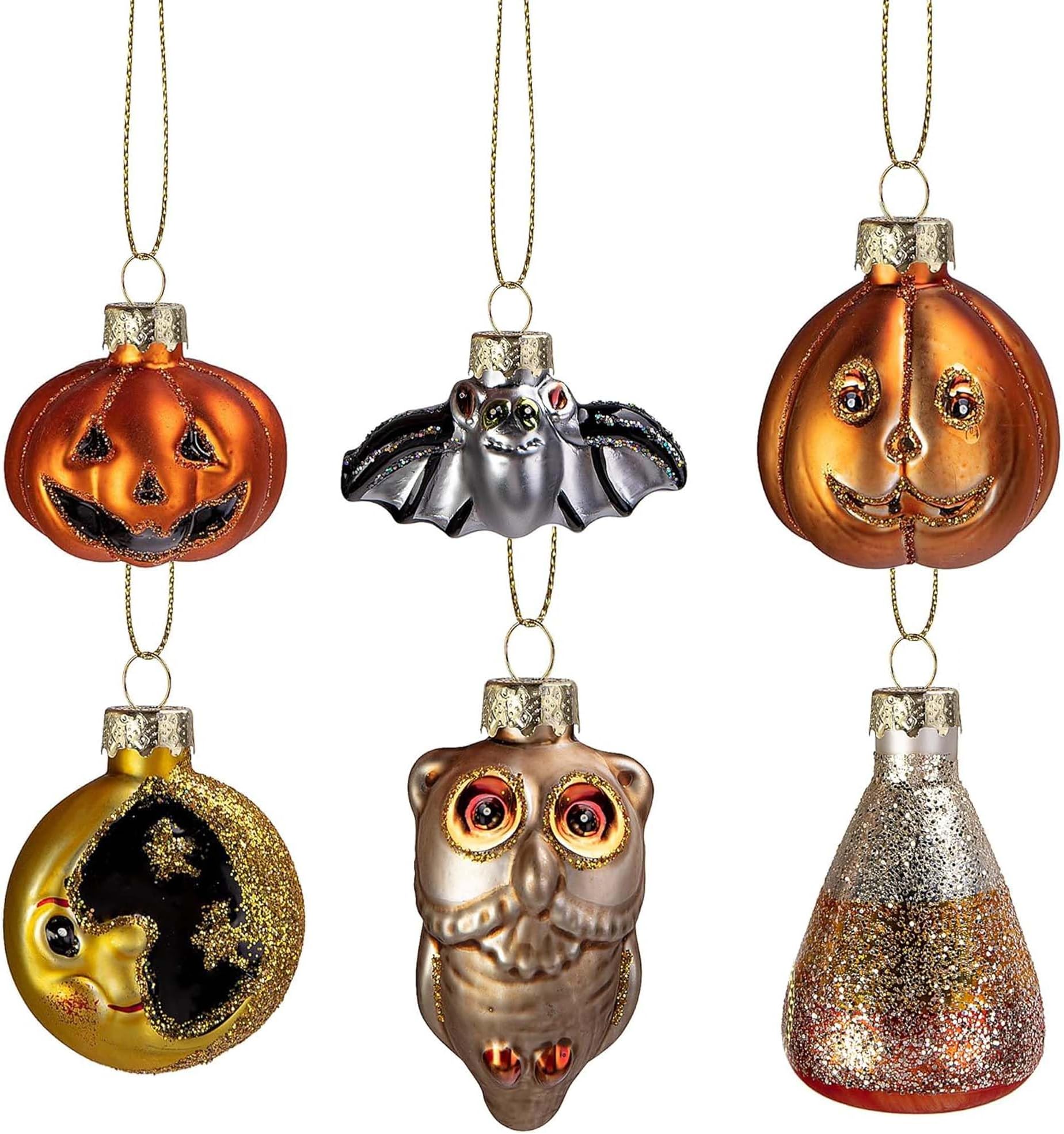 Deloky 6 Pcs Halloween Glass Blown Hanging Ornaments- Halloween Decoration Glass Tree Decoration - Halloween Bat Pumpkin Owl Glass Ornaments for Halloween Haunted House Party Decor