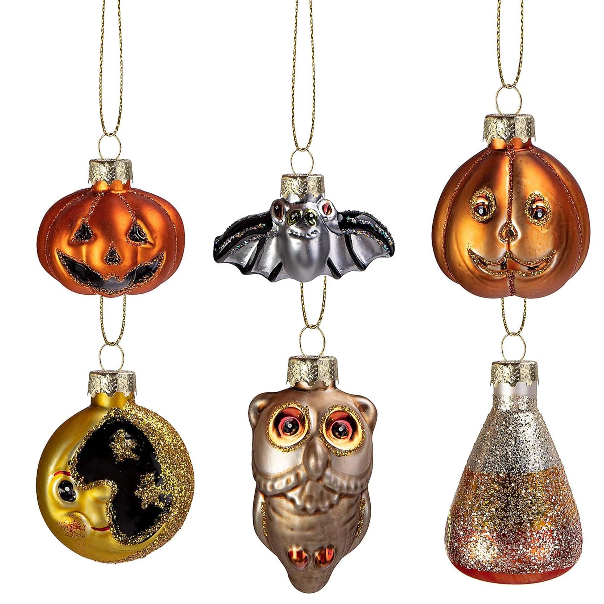 Deloky 6 Pcs Halloween Glass Blown Hanging Ornaments- Halloween Decoration Glass Tree Decoration - Halloween Bat Pumpkin Owl Glass Ornaments for Halloween Haunted House Party Decor