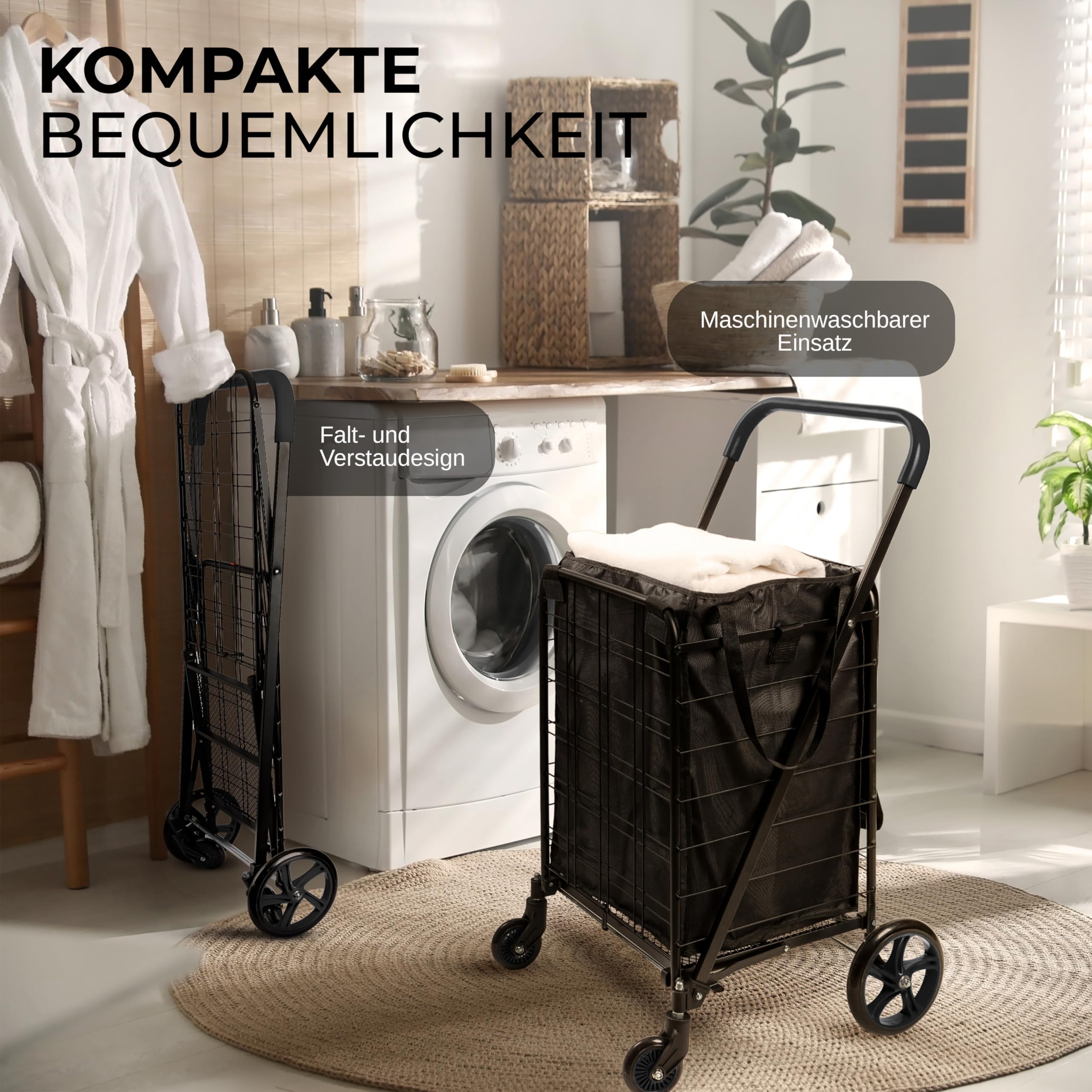 Serenelife Einkaufstrolley Klappbar, Einkaufswagen mit 50L Kapazität, Shopping Trolley bis 31.8kg Belastbar, Hackenporsche -Metall mit 360° Schwenkbare Räder, Tasche abnehmbar, Treppensteiger, Schwarz