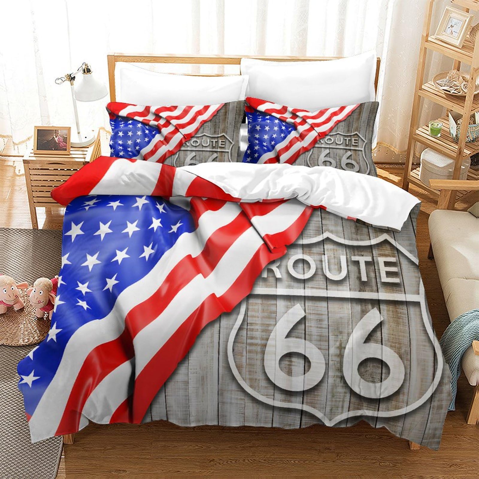 Gdekcieas Boys Route 66 And Usa Flag Vertical Wood Bedding Set 3 Pieces For Kids Girls Duvet Cover Comforter Cover Bedspread Quilt Cover Soft Microfiber Home Decor Bedroom Set For All Ages Double（200X200cm）