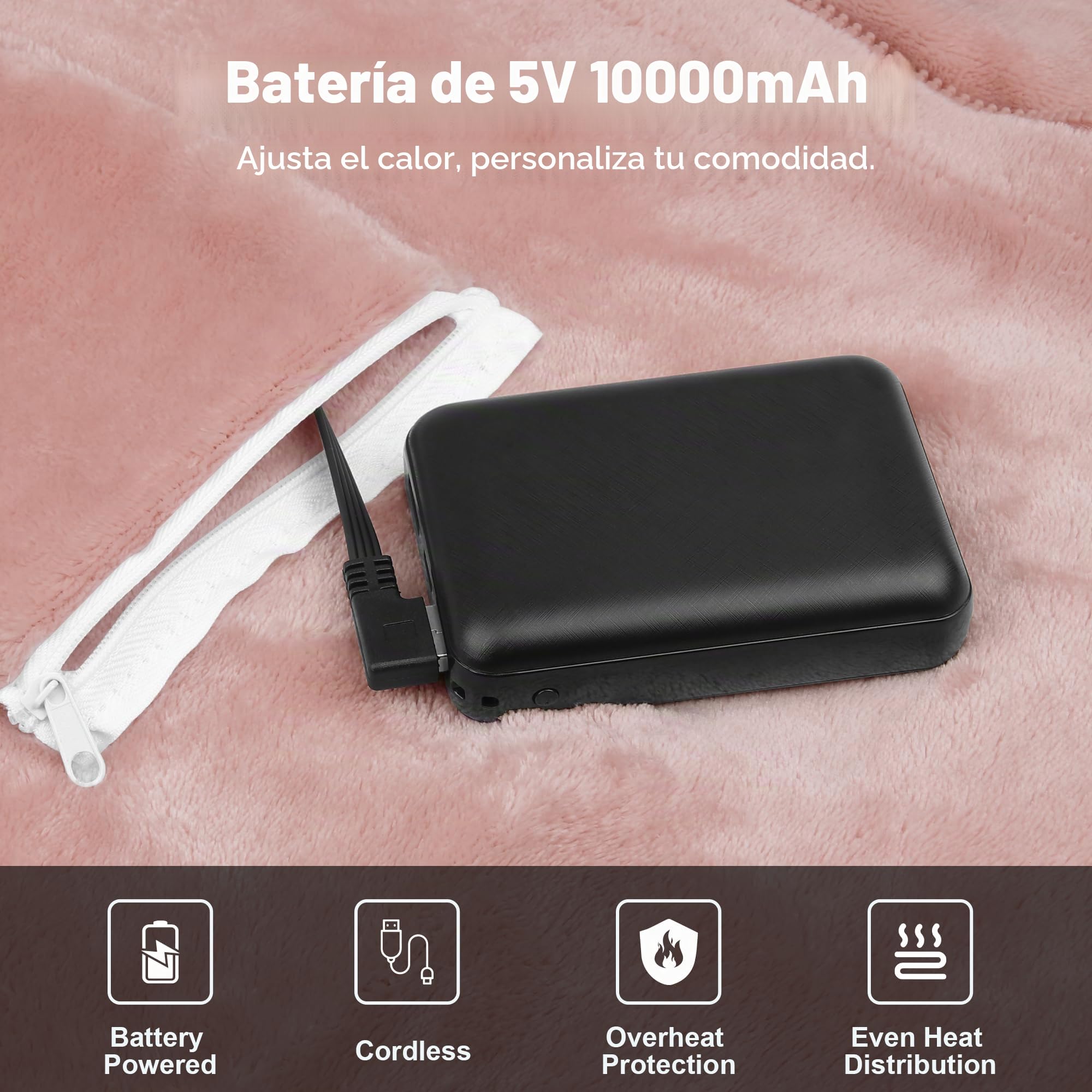 Manta Eléctrica Inalámbrica con 10000mAh Batería, 160x90cm Manta Térmica USB de Franela para Exteriores, Camping, Hogar, Oficina, Sofá, 3 Niveles de Calor, 6 Zonas de Calor, Lavable(Rosa)