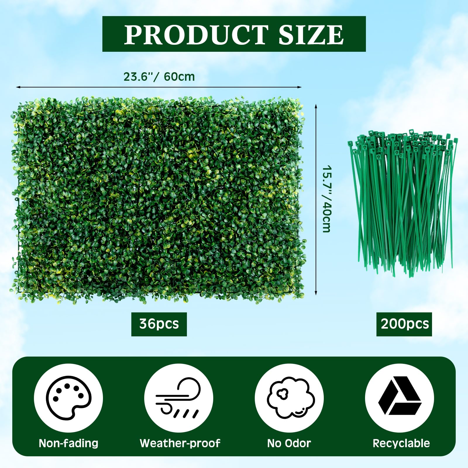 24 Pieces Artificial Boxwood, Boxwood Grass Panels Topiary Hedge Wall Panels Privacy Hedge Screen Boxwood with 200 Zip Ties for Outdoor Indoor Garden Fence Backyard Boxwood Decor (16" x 24")
