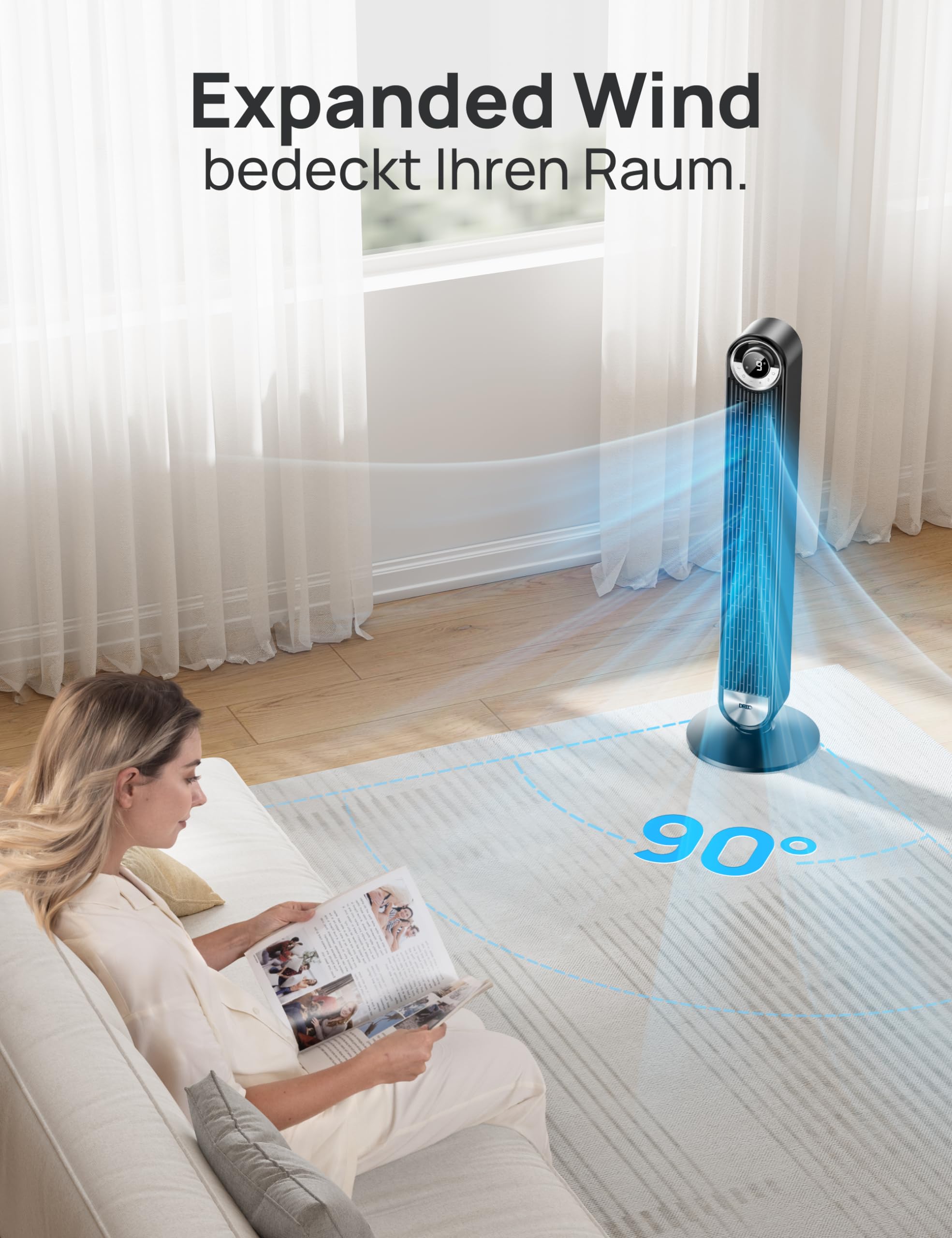DREO Cruiser Pro T2S Leiser Smart Turmventilator, 106cm, 9-Geschwindigkeit, 12H Timer, 90° Oszillierend, Schwarz