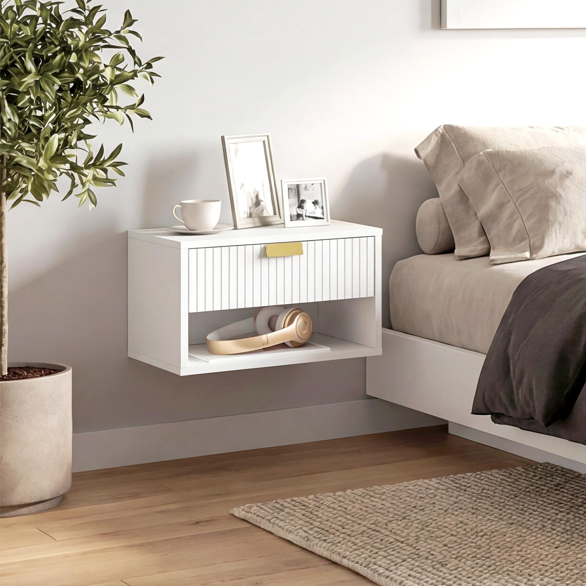 HOMCOM Juego de 2 Mesitas de Noche Flotantes con Cajón 40x30x25 cm Blanco | Mesillas de Noche, Frente Ondulado, Estante Abierto, Diseño Moderno, para Dormitorio