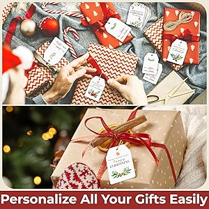 Woodamore Merry Christmas Gift Tags with String - 80 Pcs Christmas Name Tags for Gifts, Bulk Christmas Tags for Gifts with String, Happy Holiday Gift Tags for Presents, Modern Paper Xmas Label