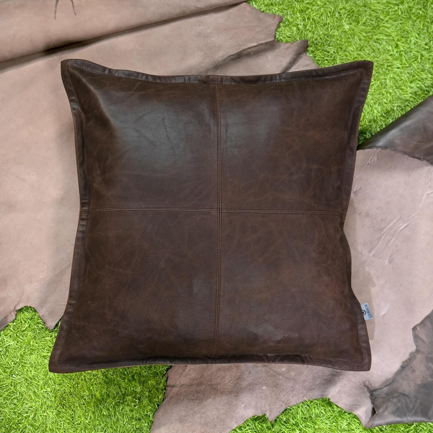 Lambskin Leather Pillow Cover - Decorative Sofa Cushion Case - Throw Covers for Living Room & Bedroom, 22" x 22" - Brown Crunch - Pack of 1